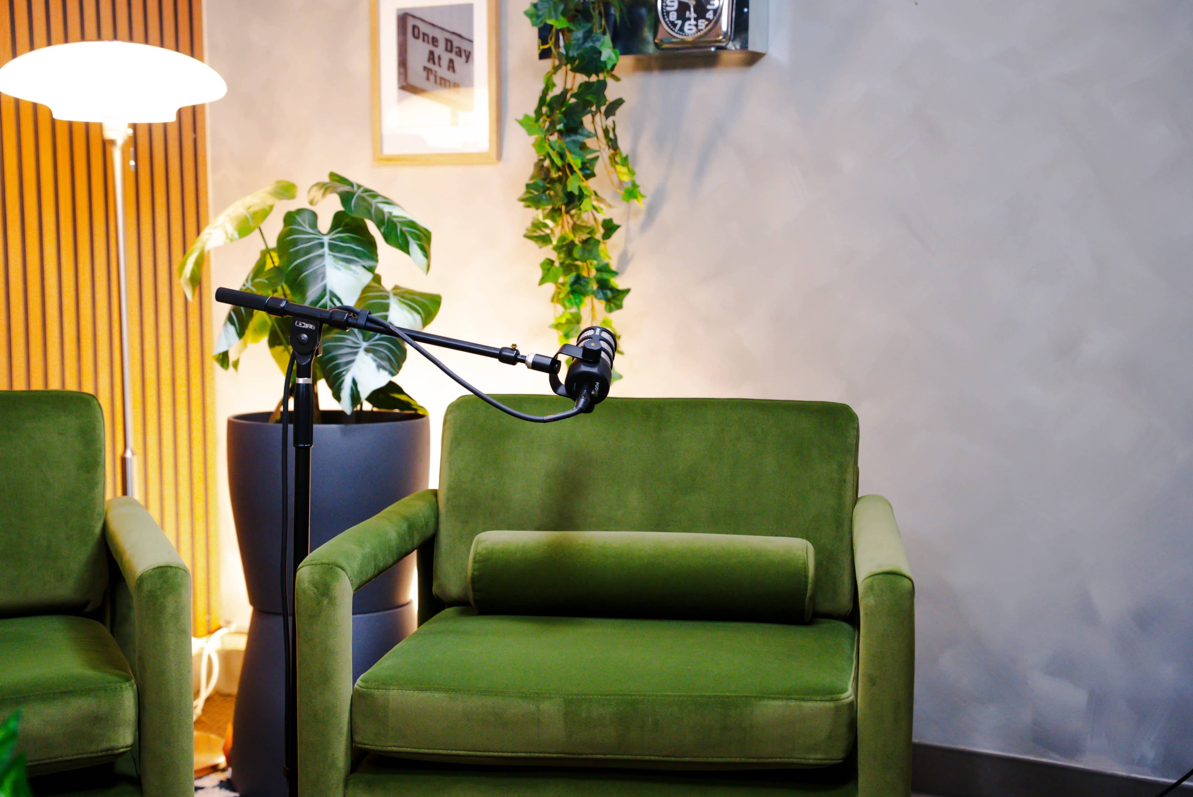 A green armchair is positioned next to a microphone stand, with a potted plant and a wall clock in the background.