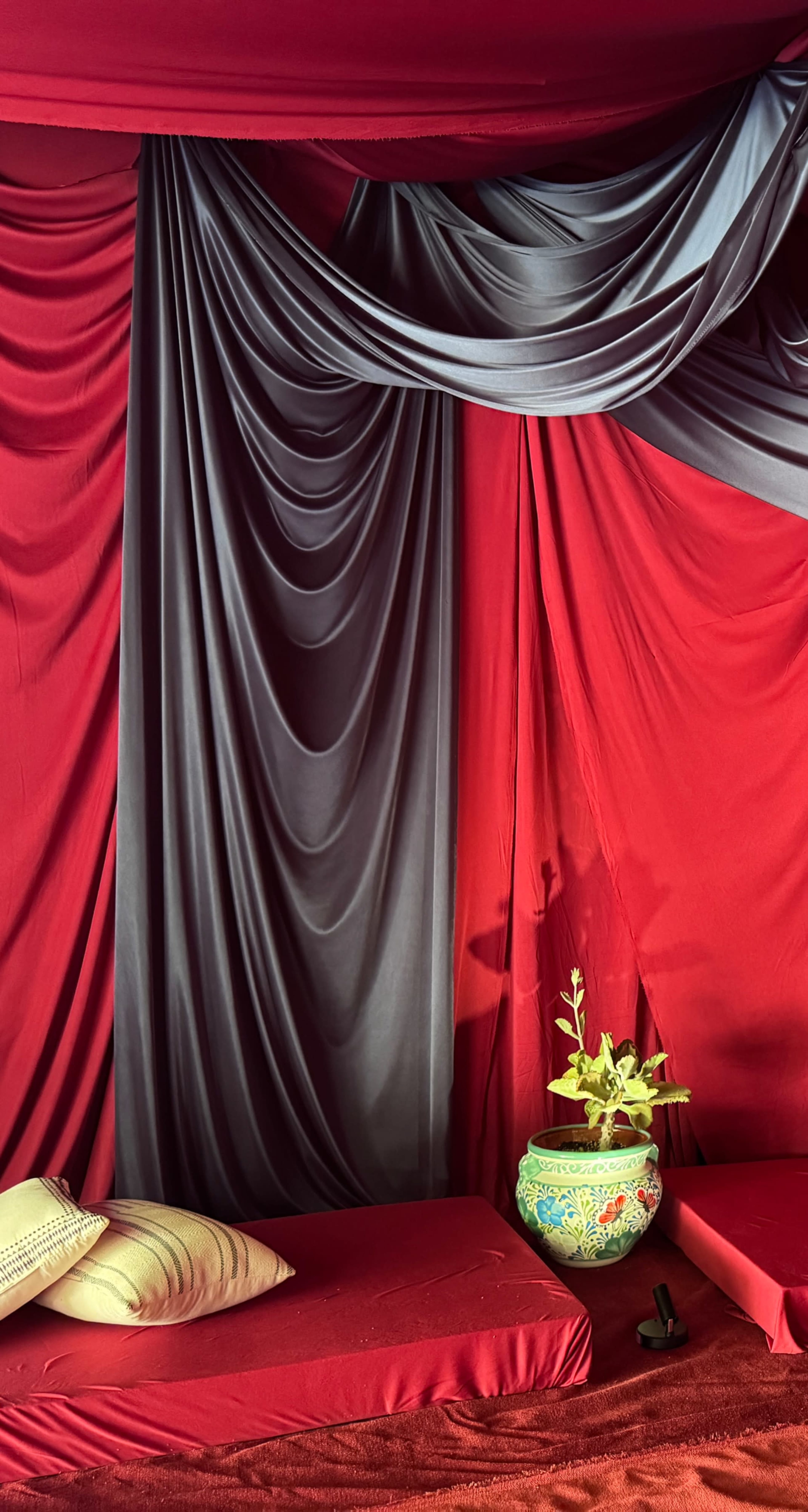 The scene features red and gray draped fabric with a potted plant in a decorative vase placed on a low table.