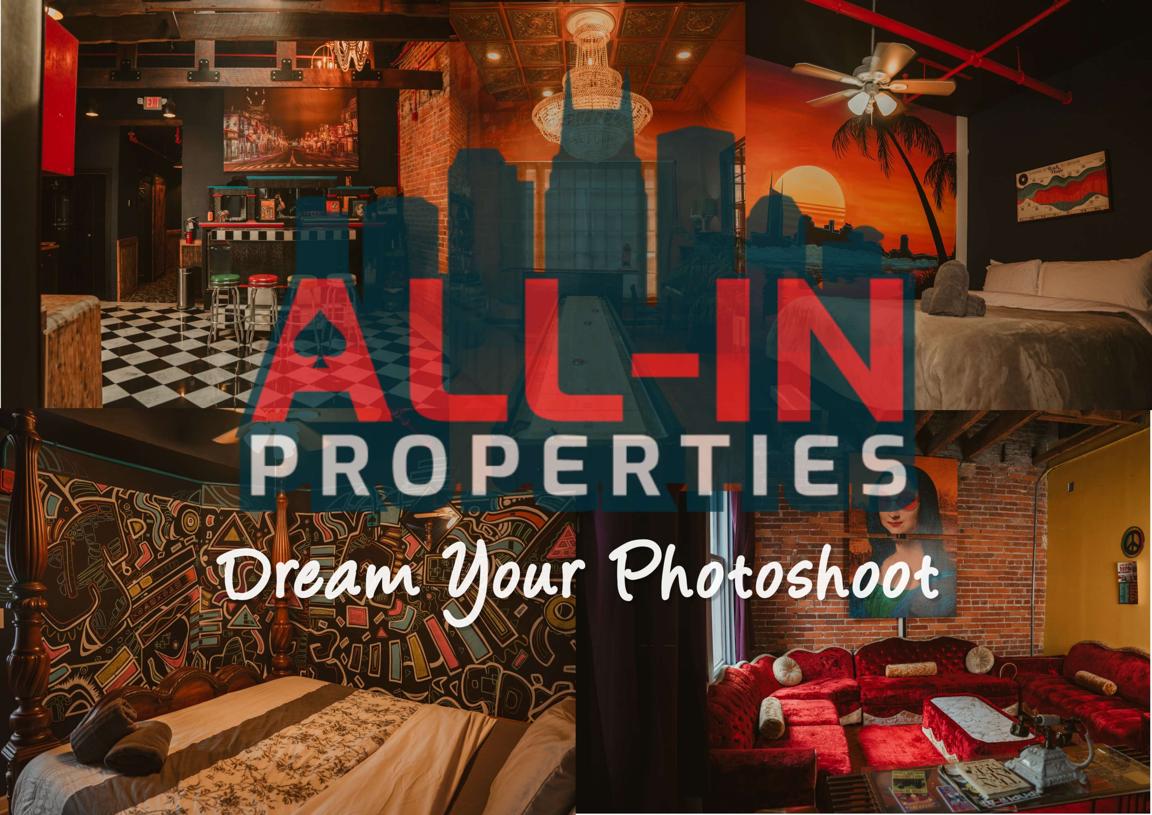 The image showcases a branded collage featuring various interior spaces, including a bar area, a bedroom with colorful decor, and a living space with vibrant red furniture, all under the slogan "Dream Your Photoshoot."