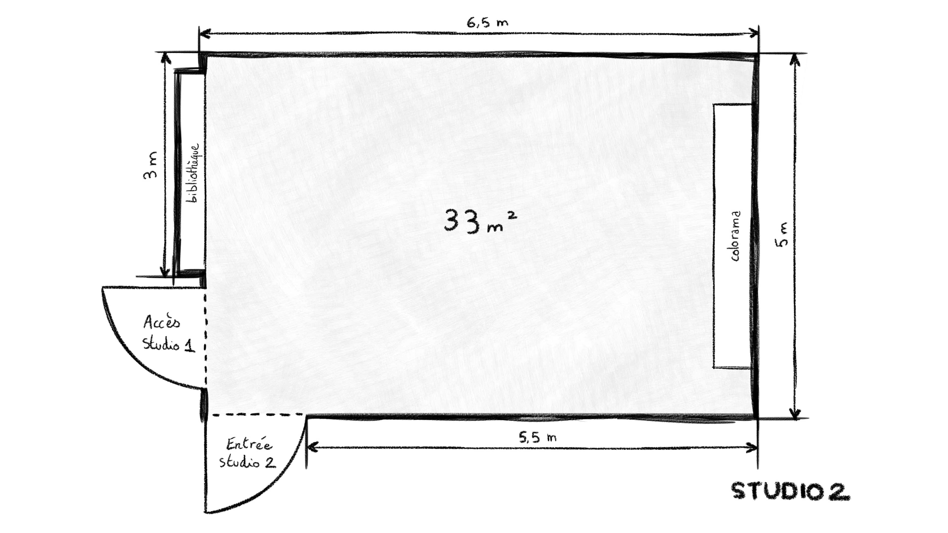 The image displays a floor plan of a studio labeled "Studio 2," measuring 33 square meters, with dimensions and a designated library area.