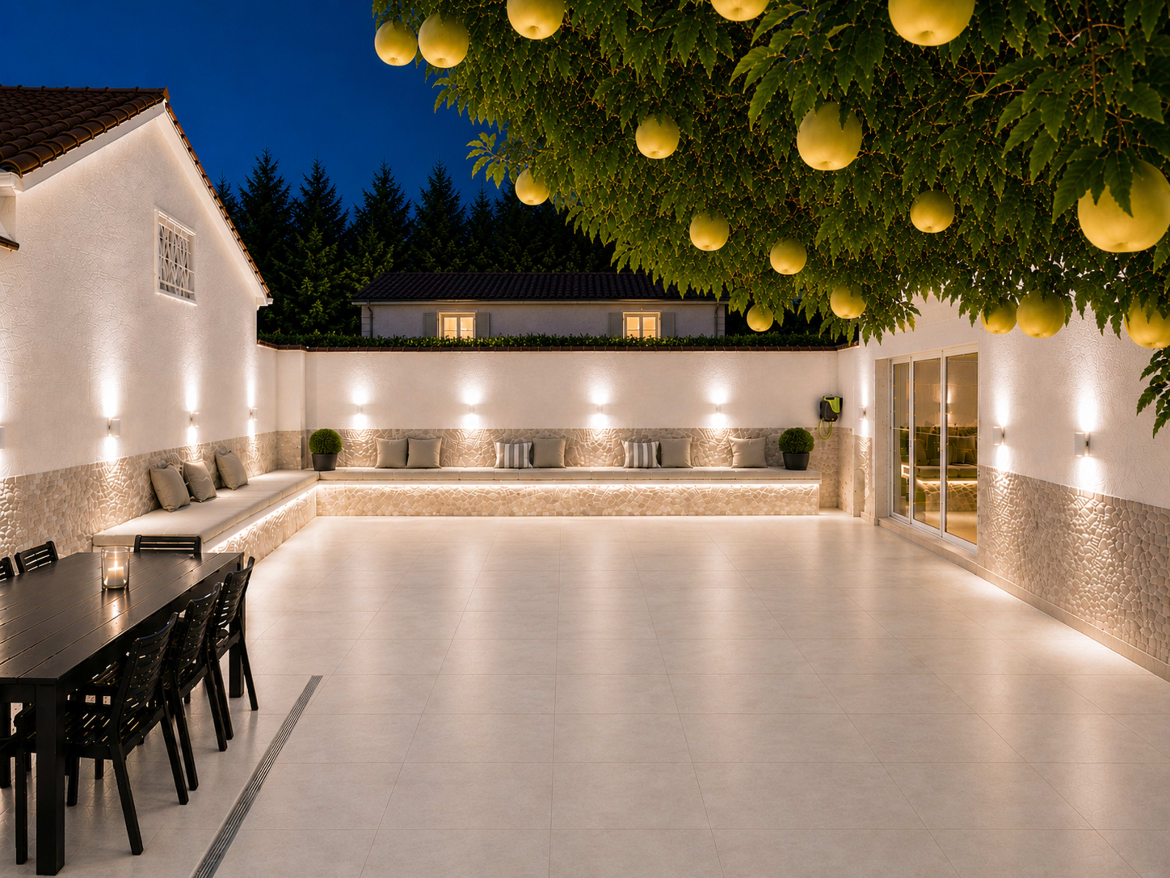 The image shows a spacious outdoor patio area illuminated by soft lighting, featuring a long dining table and a seating area against a white wall adorned with green foliage and yellow fruit.