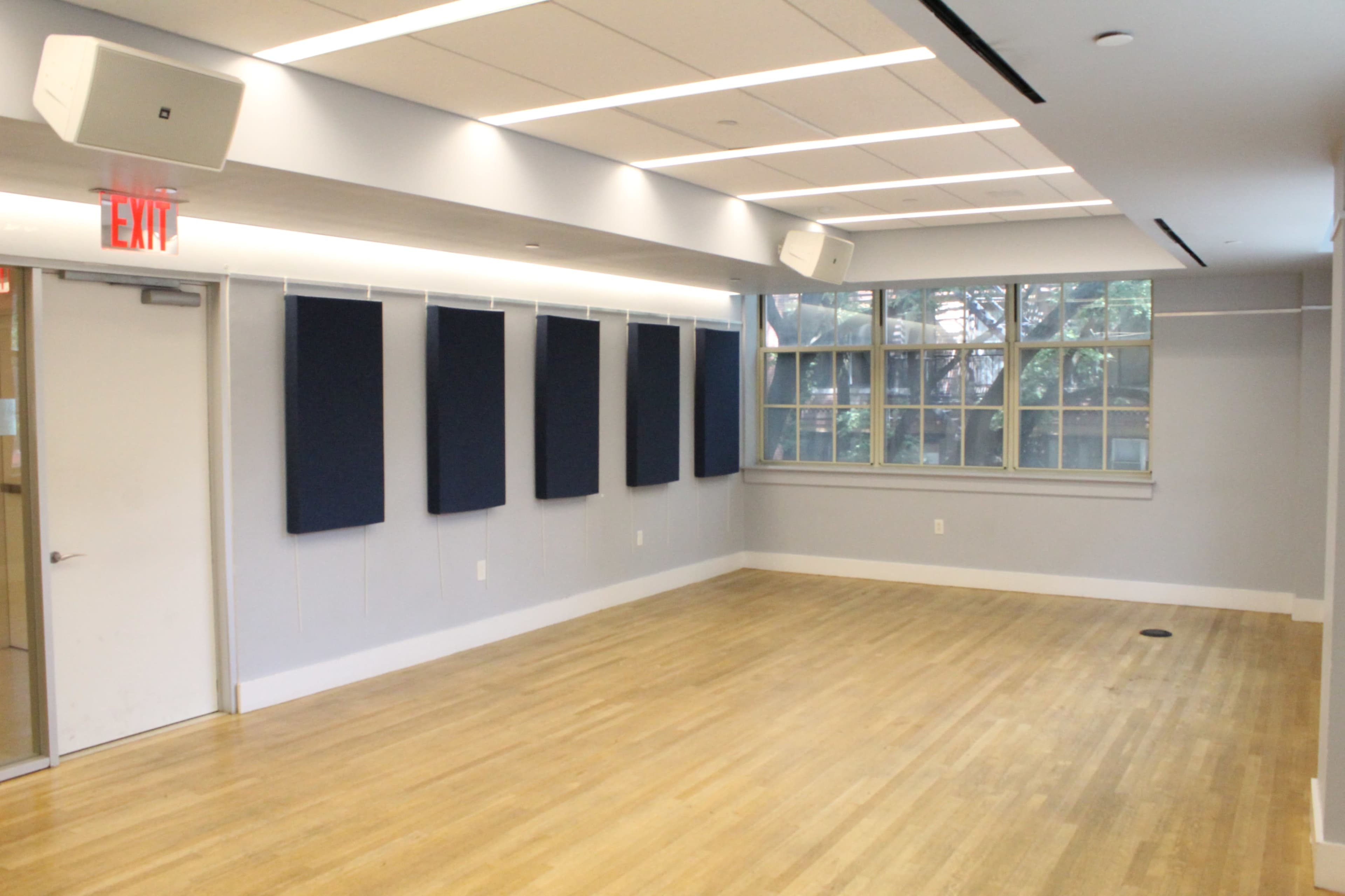 The image shows a spacious, empty room with wooden flooring, large windows, and blue wall panels hanging on one side.