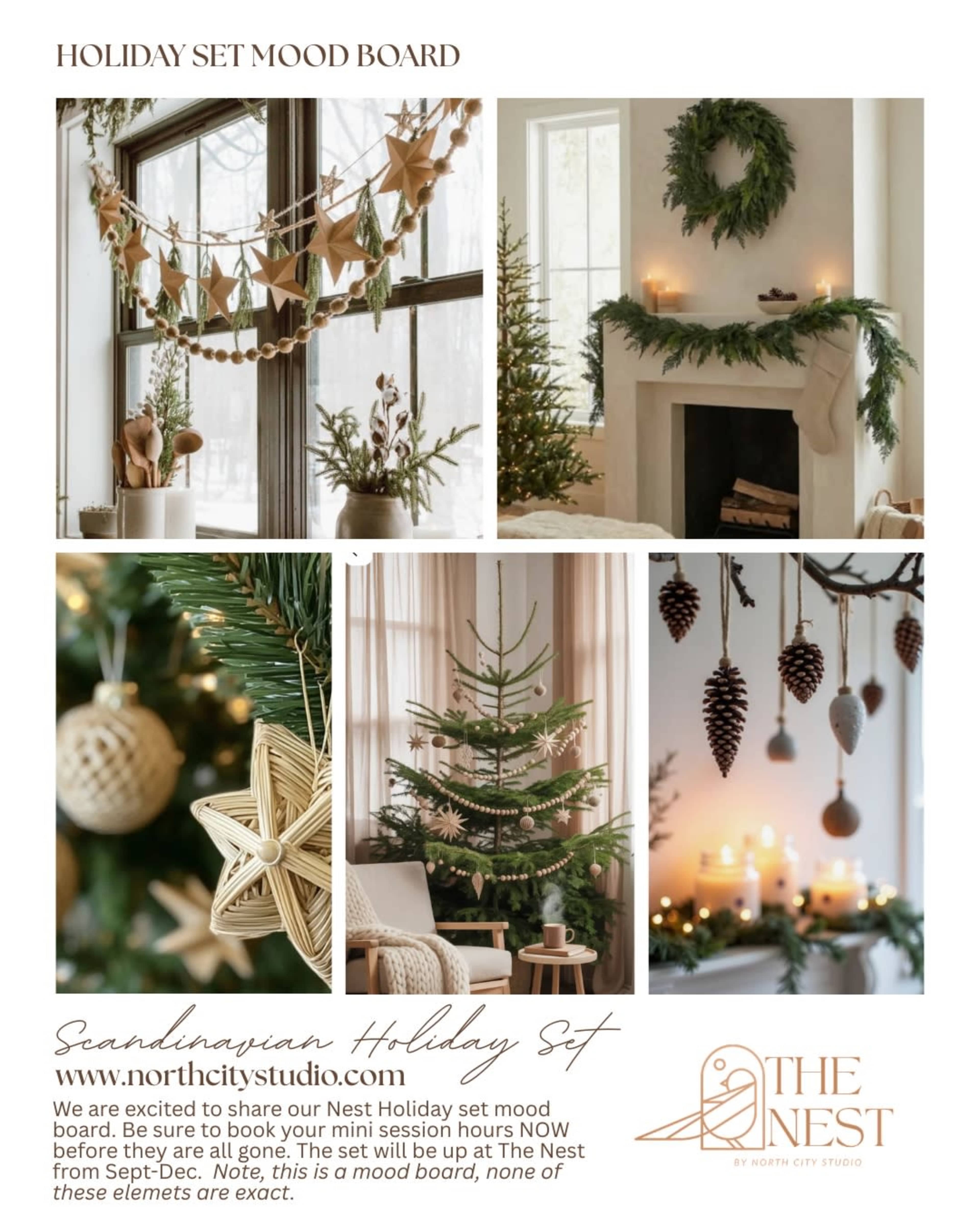 The image features a mood board showcasing a Scandinavian holiday set, including a decorated Christmas tree, garlands, and rustic ornaments arranged in a cozy indoor setting.