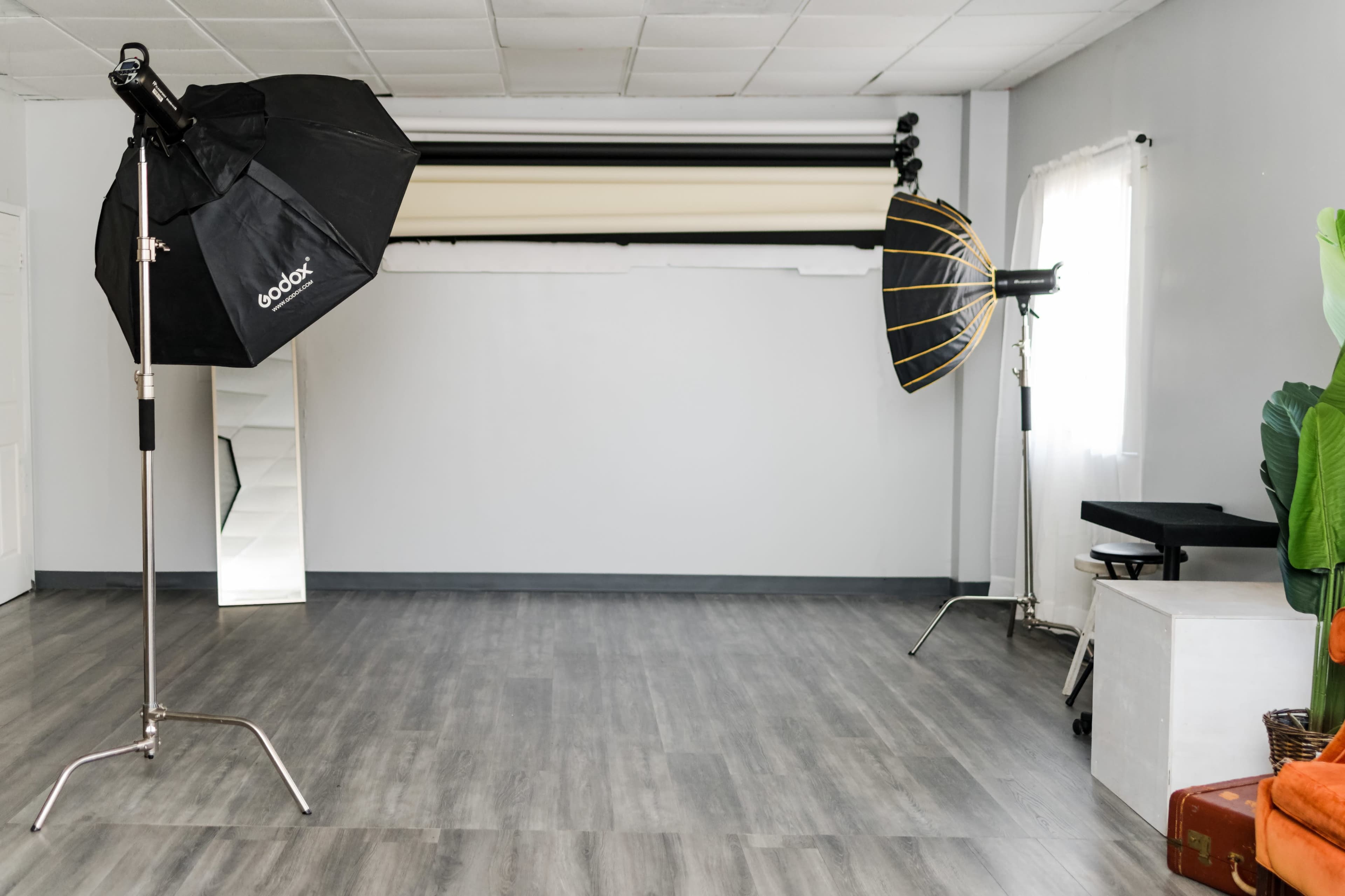 A spacious photography studio equipped with two light stands and a backdrop system, featuring a mirror and a potted plant in the corner.