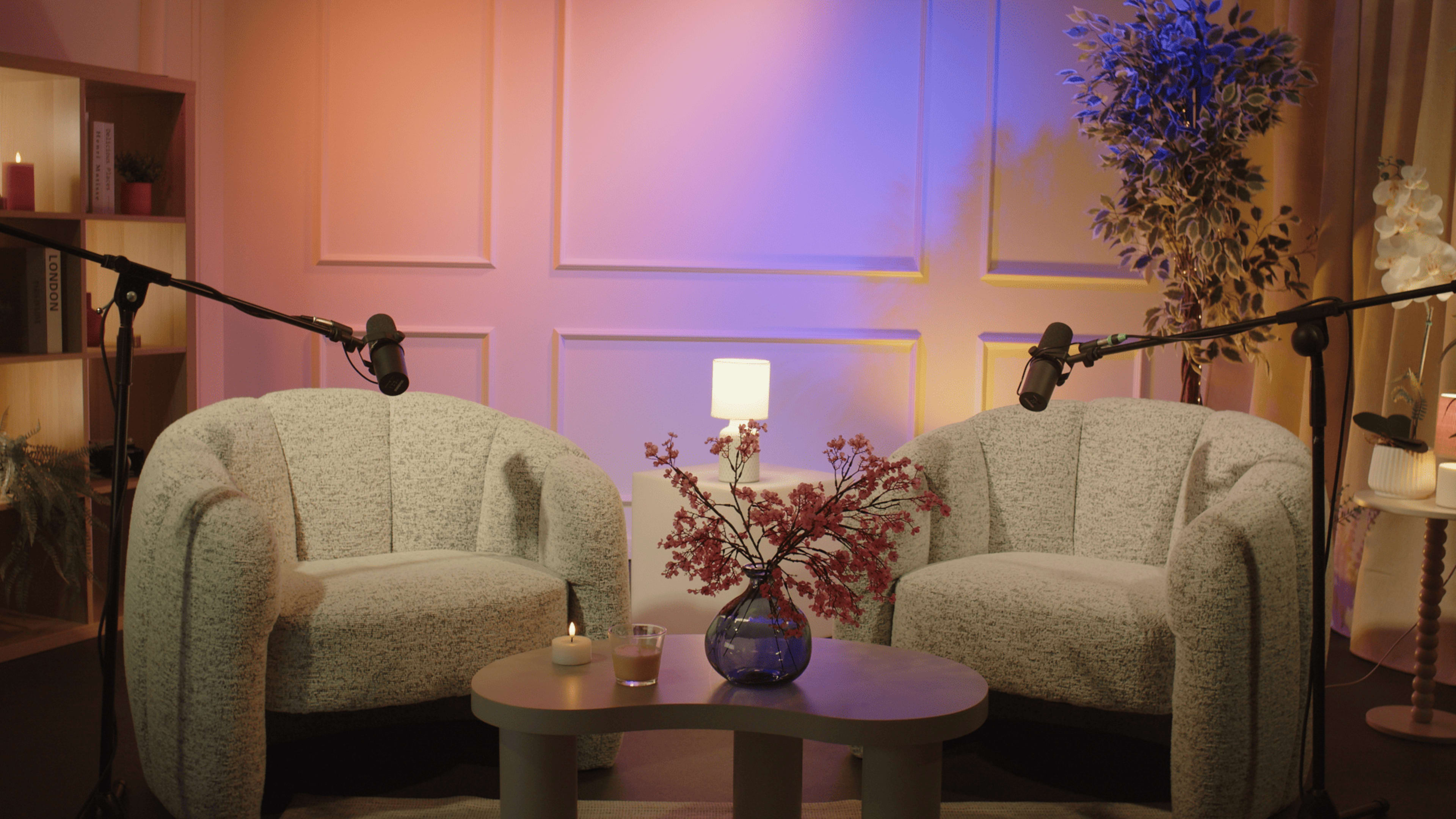 The image shows a cozy set with two upholstered chairs facing each other, a small table between them, and decorative elements like a plant and soft lighting in the background.