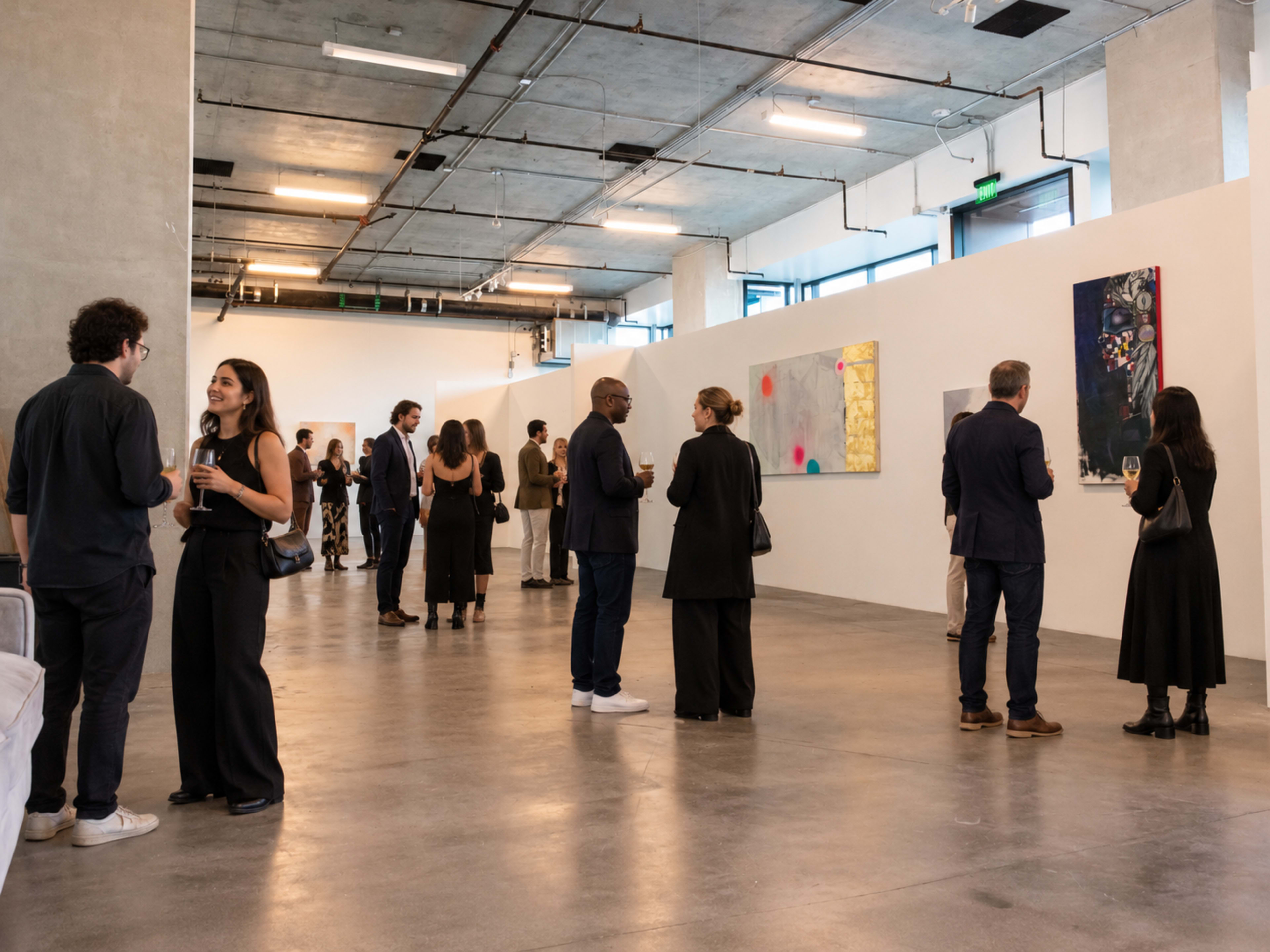 People are mingling and discussing artworks in a spacious art gallery with various paintings displayed on the walls.