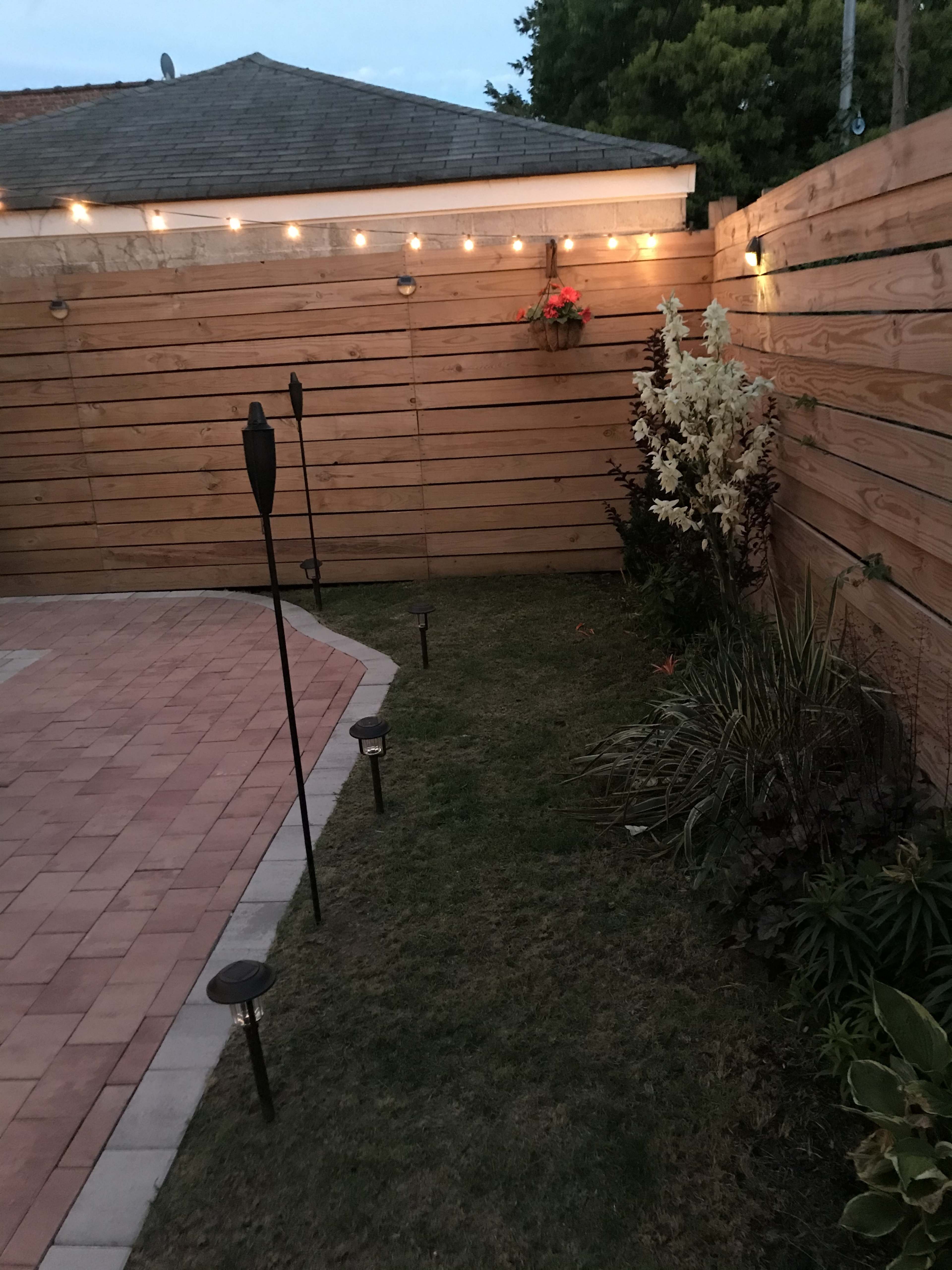 The image shows a backyard area with wooden fencing, string lights, a flower pot, and landscaped grass bordered by concrete pavers.