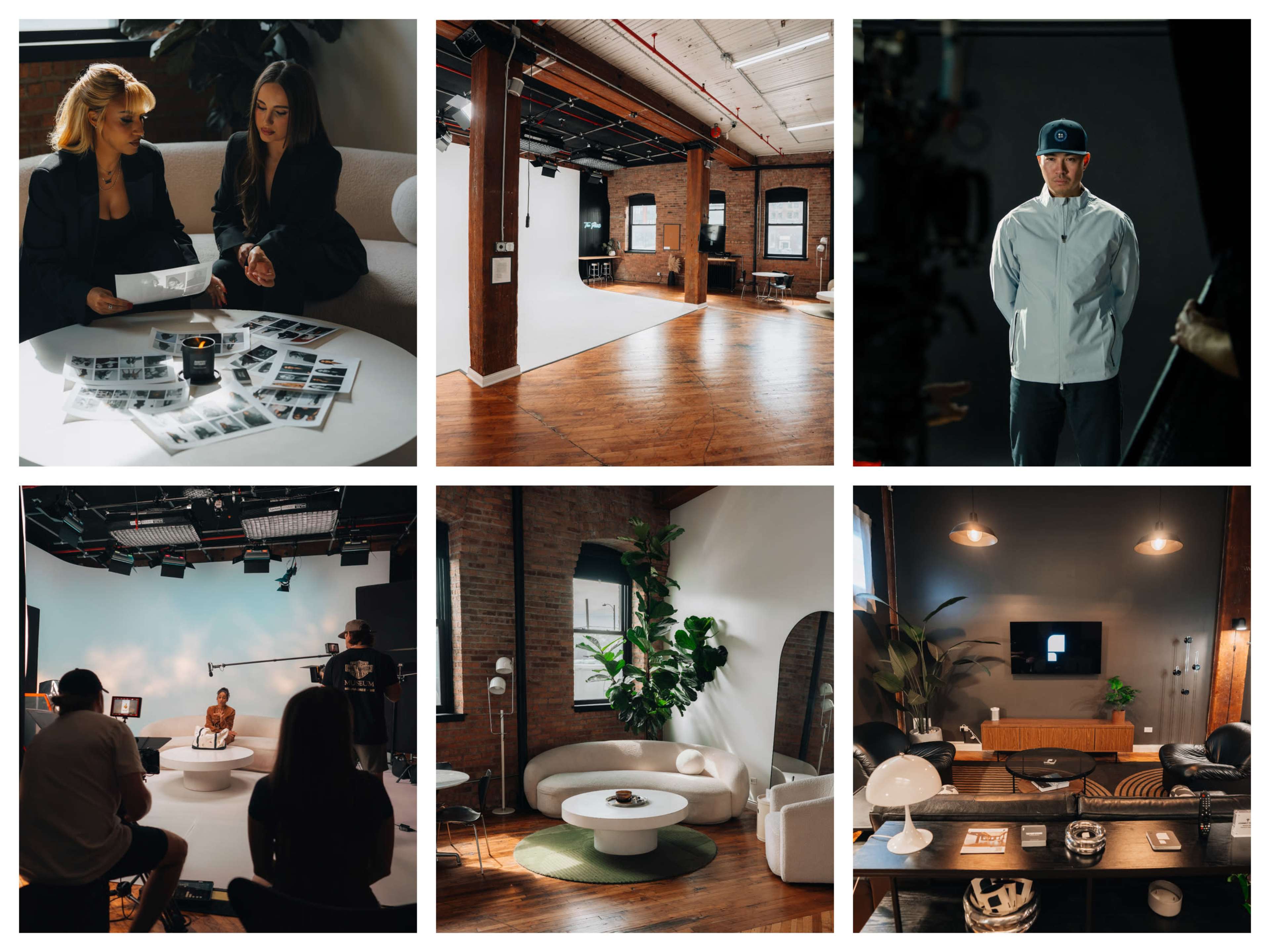 The image features a collage of six scenes from a modern creative studio, showcasing various activities such as a photo review, a filming setup, and informal meetings in a stylishly designed interior.