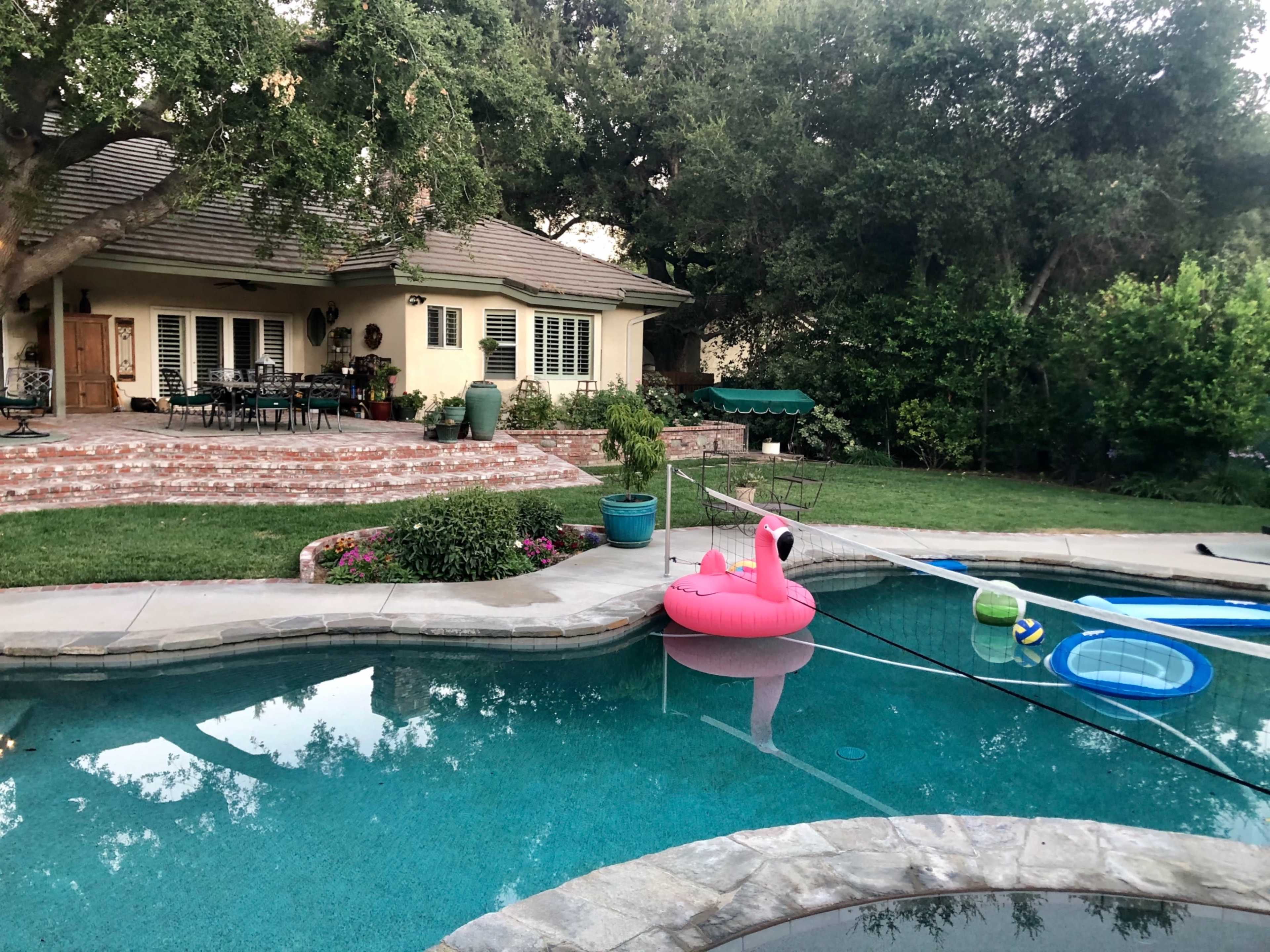 A pink inflatable flamingo floats in a swimming pool next to a house with a patio and a landscaped yard.