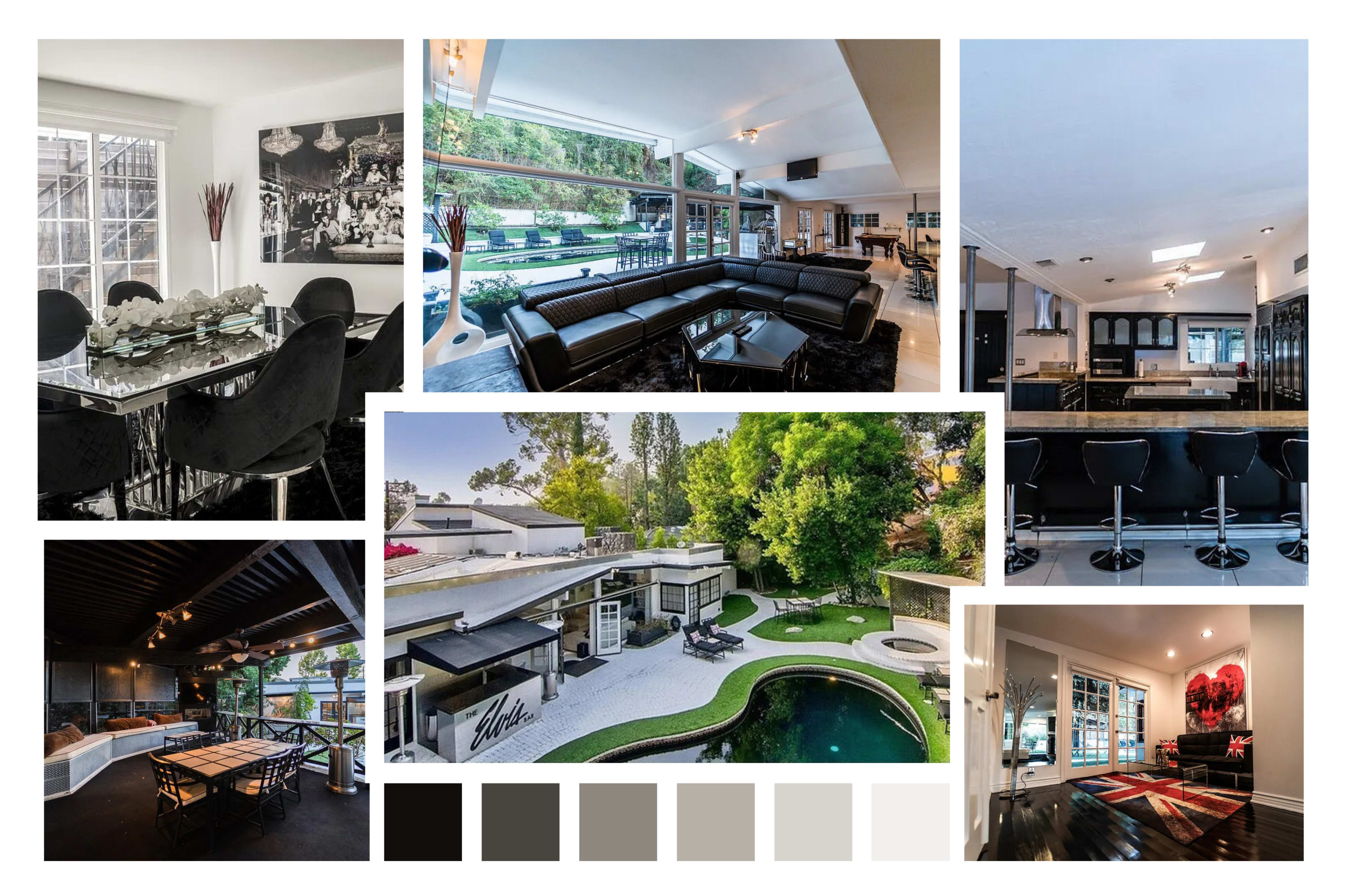 The collage displays a variety of modern interiors, including a dining area, a living room with a large sectional sofa, a kitchen with bar seating, outdoor space featuring a pool, and a patio with dining arrangements.