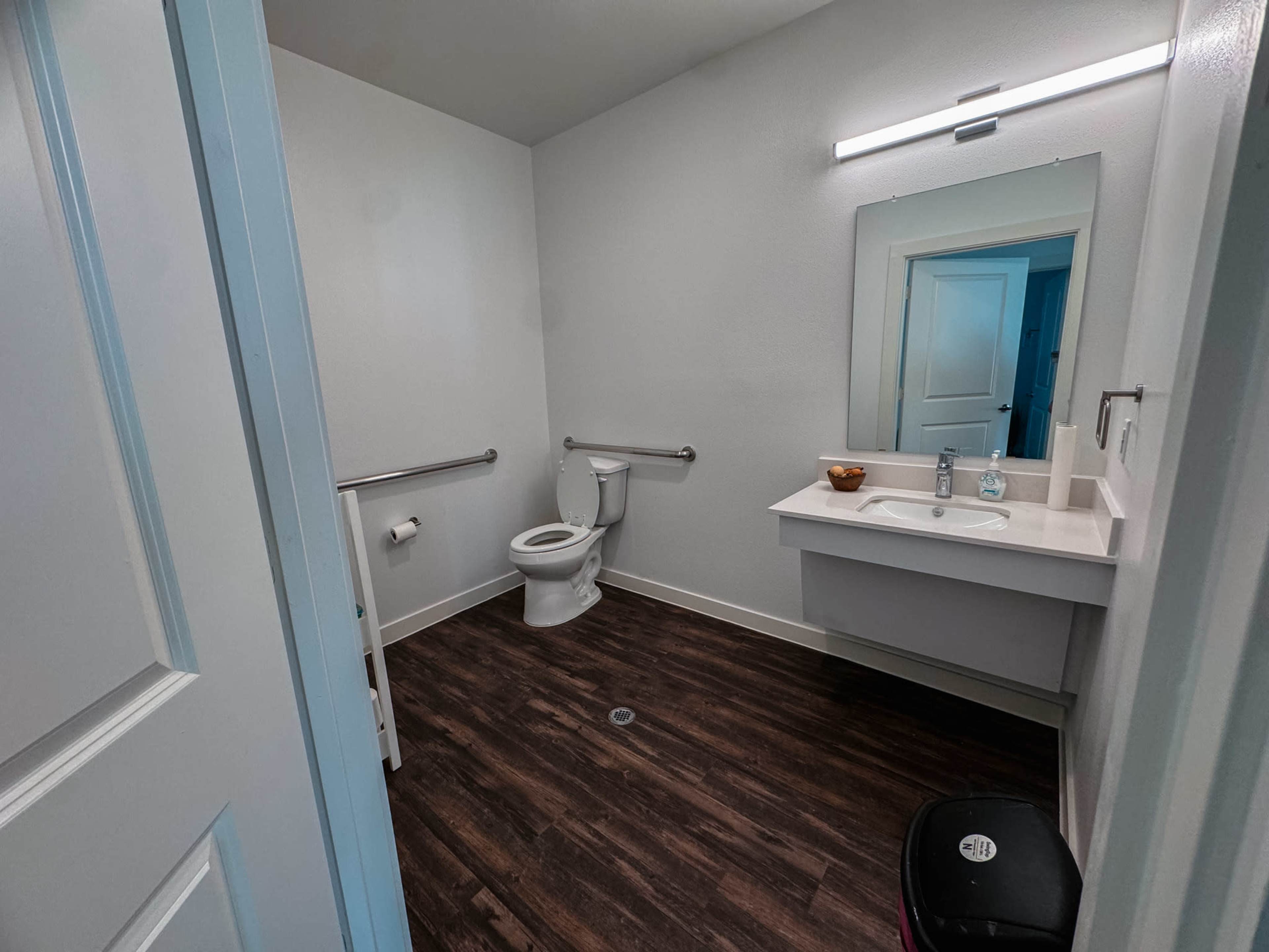 The image shows a clean, accessible bathroom featuring a toilet, sink with a mirror, and grab bars on the walls.