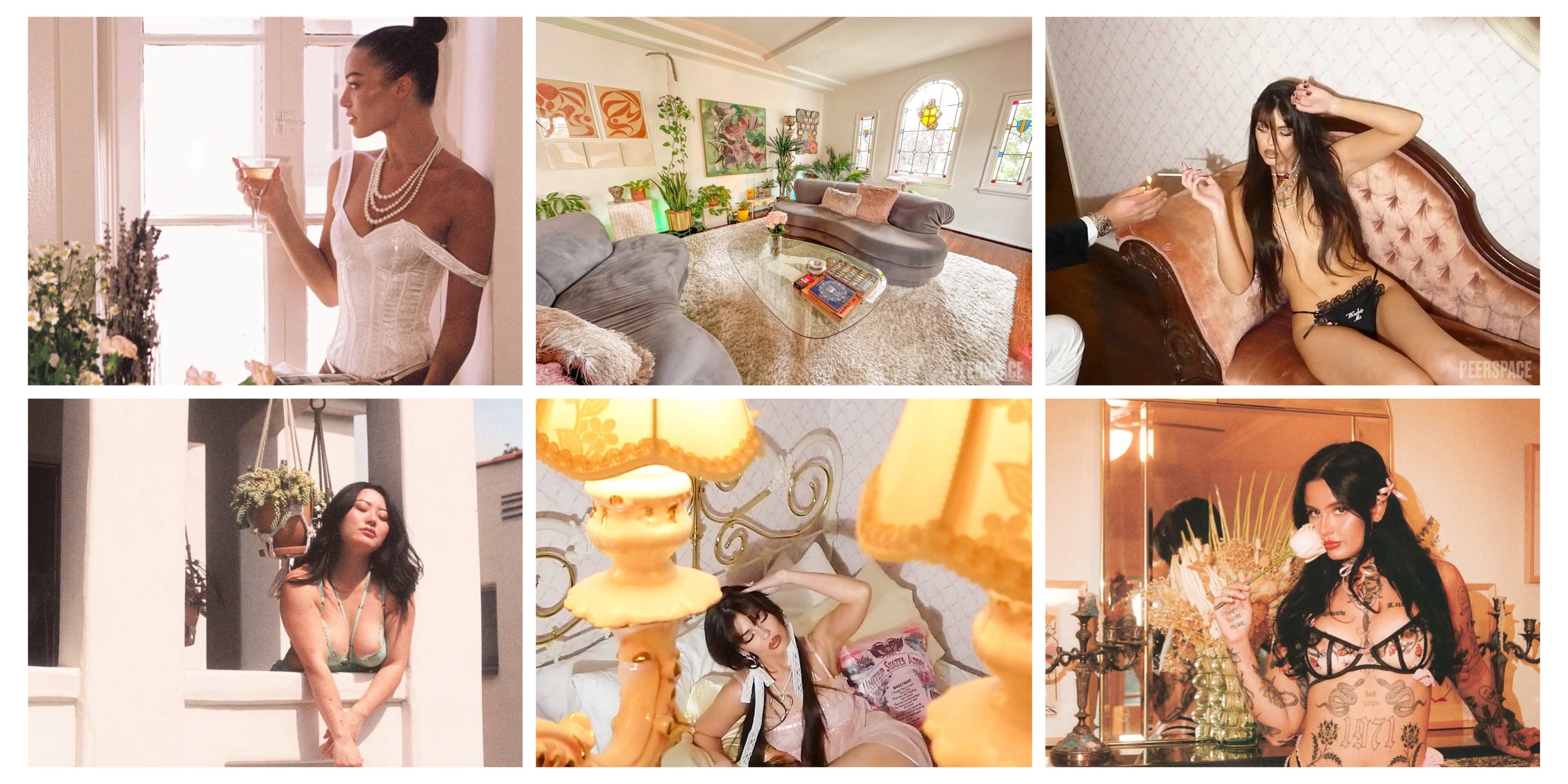 A collage of six scenes, including a woman in a corset holding a drink, a stylishly decorated living room, another woman posing in lingerie, and various settings with decorative lamps and intricate backgrounds.