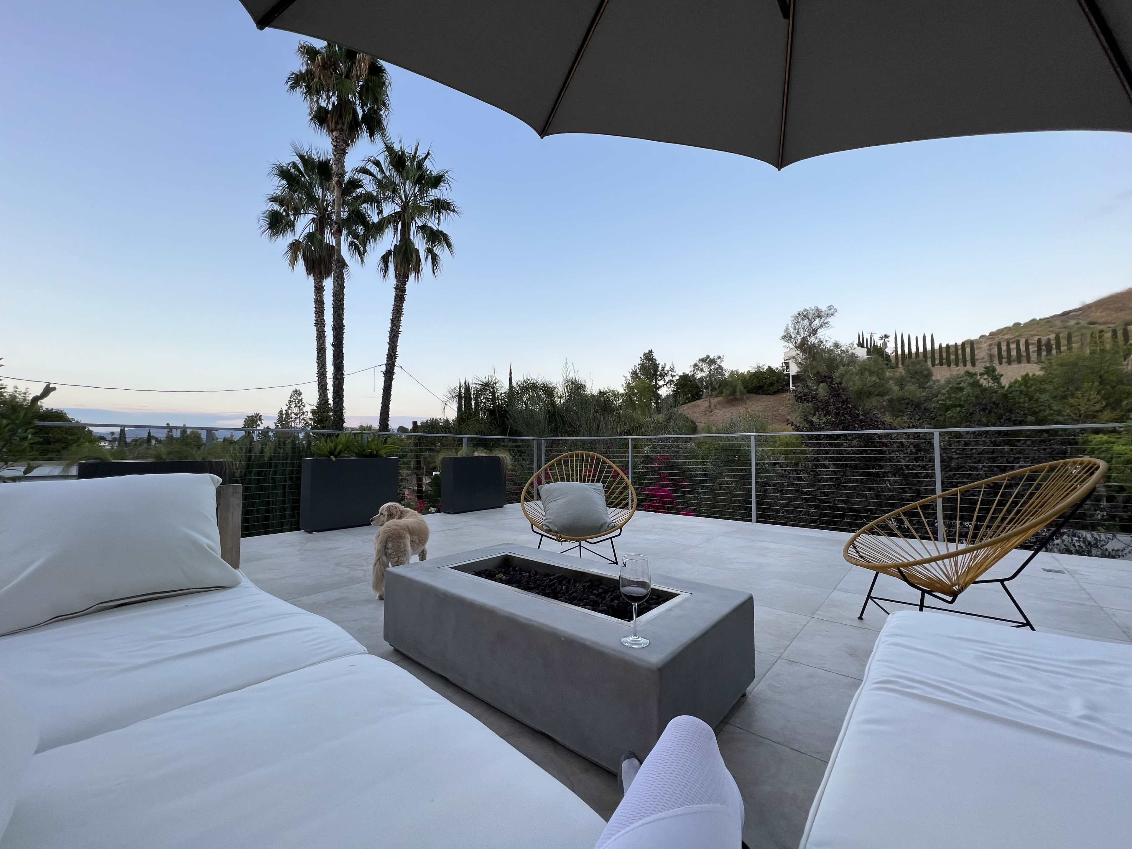 A spacious outdoor patio features comfortable seating, a fire pit, and palm trees against a clear sky.