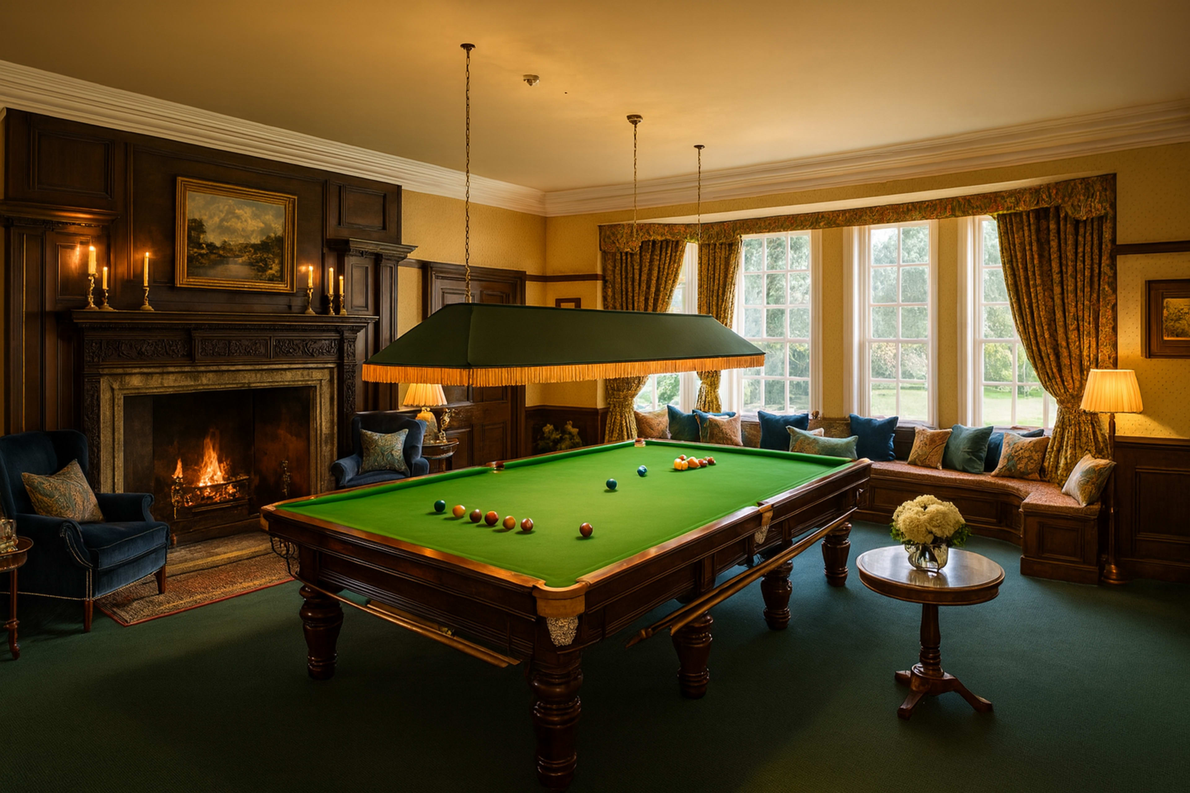 A well-lit room features a green billiards table surrounded by elegant armchairs and a large window view.