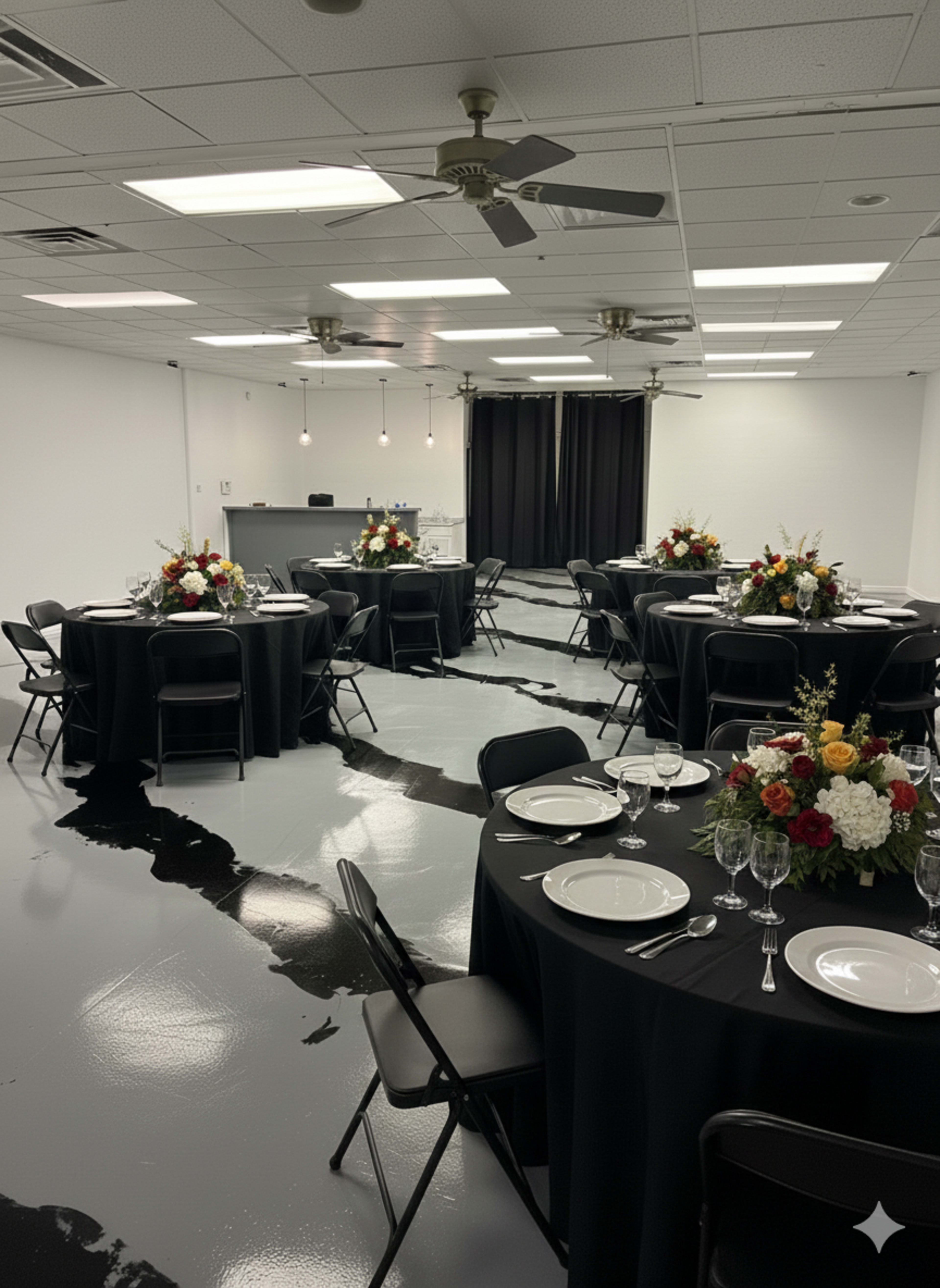 The image shows a banquet space with several round tables covered in black tablecloths, each adorned with flower centerpieces, and a serving area in the background.