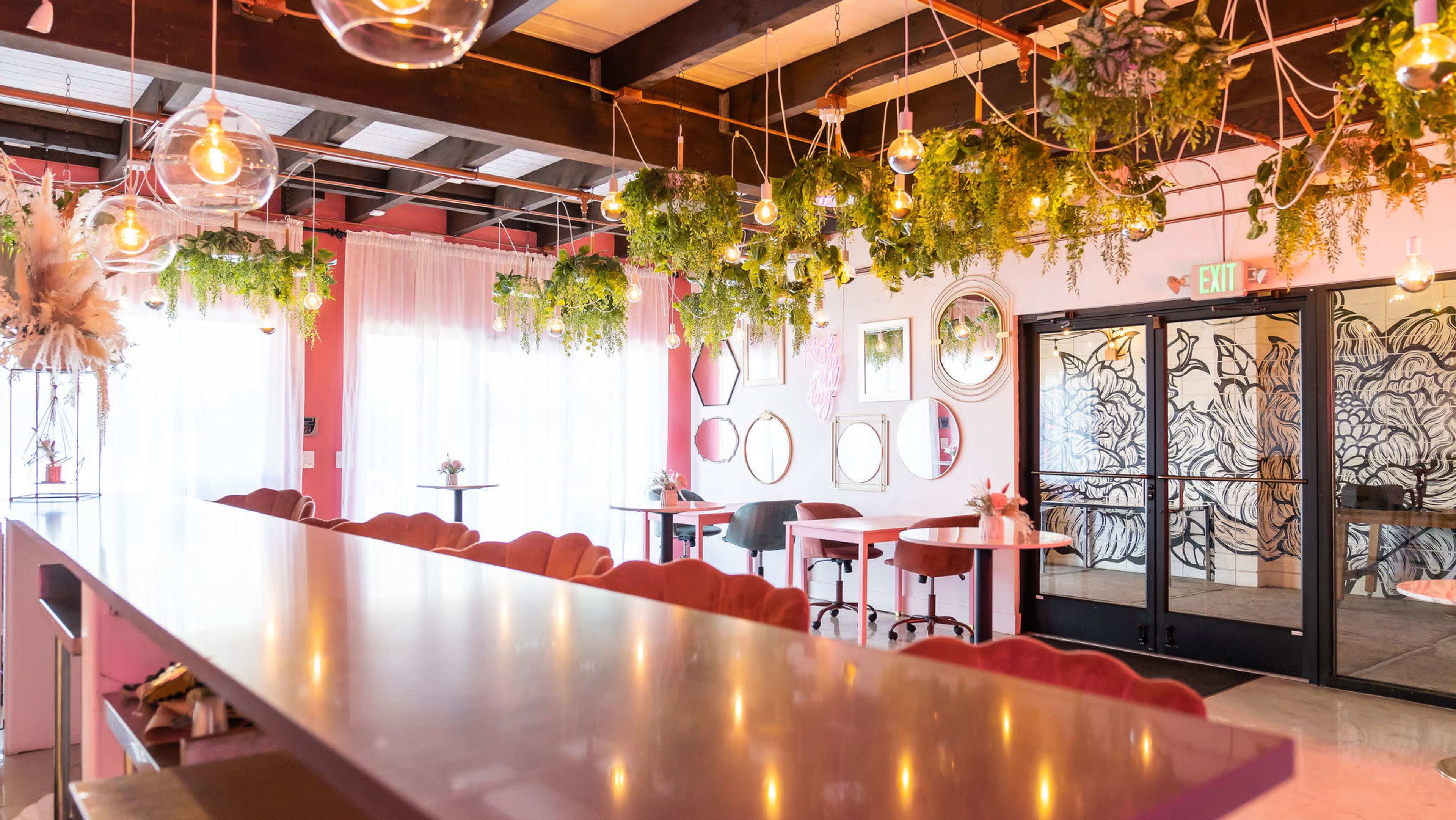 A brightly lit restaurant interior featuring hanging plants, round mirrors on the walls, and a bar counter with stylish seating.