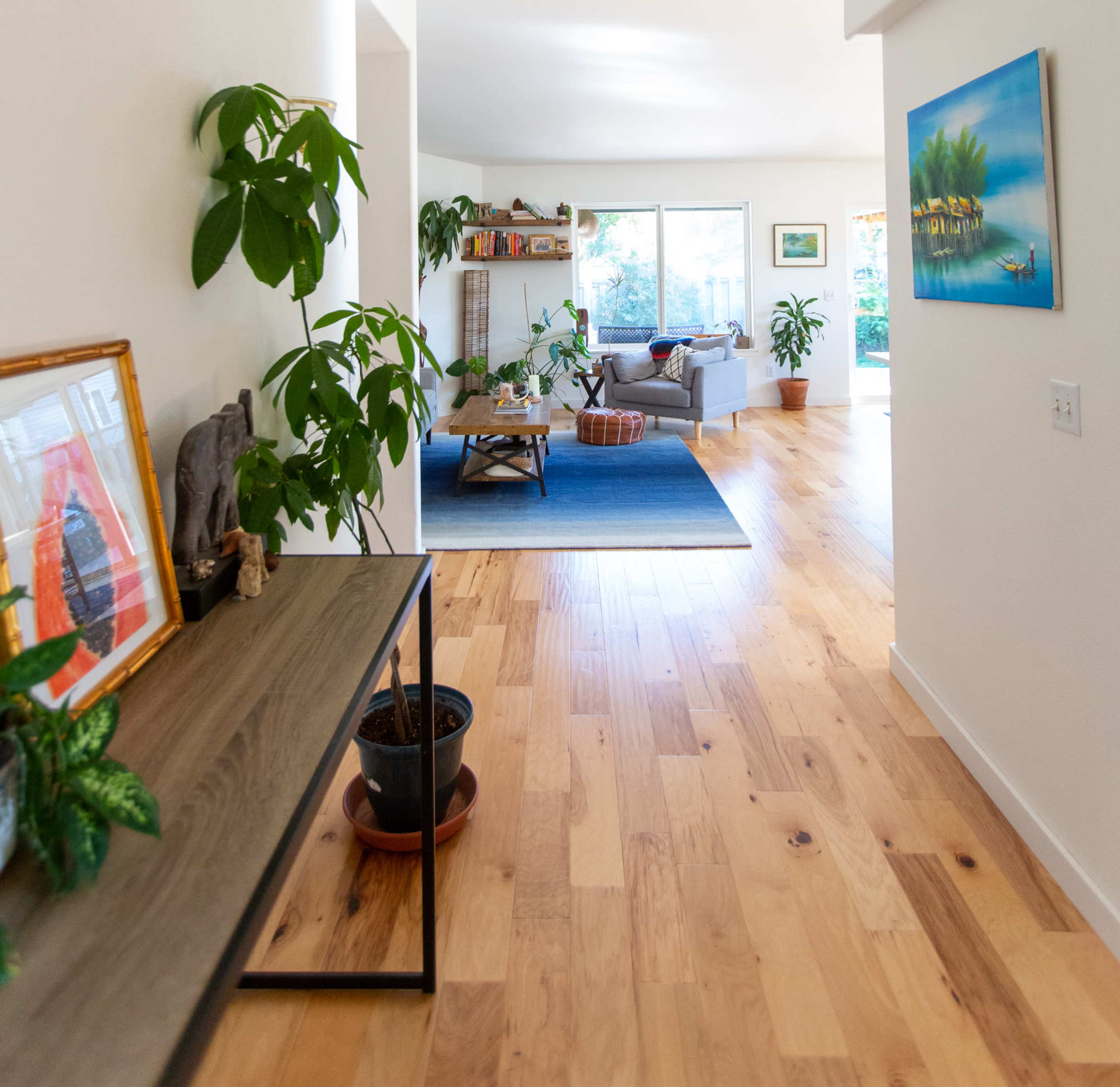 A hallway features a wooden console table with decorative items, leading to a bright living area with plants and a view of a blue rug.