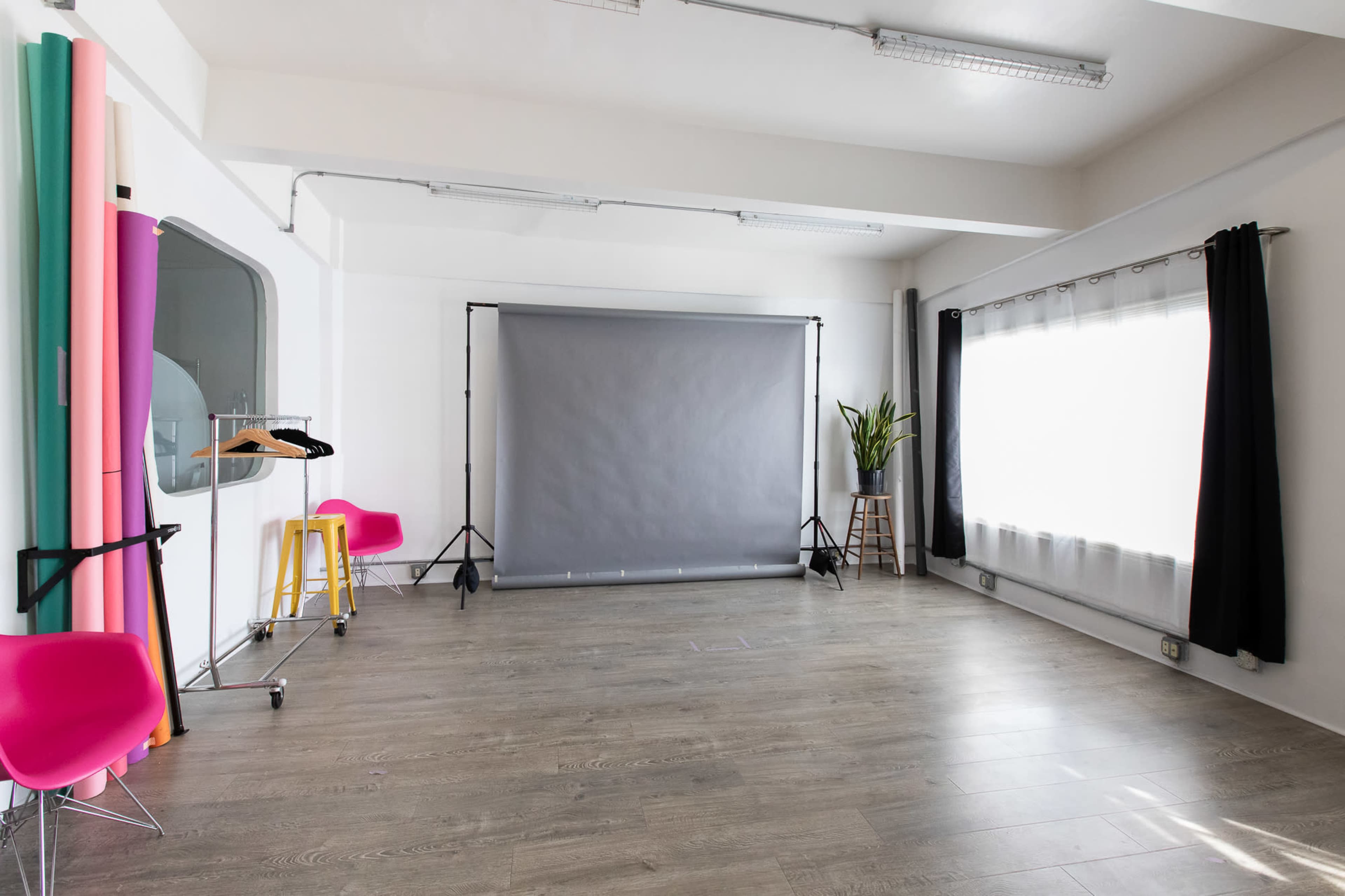 The image shows a photography studio with a gray backdrop, various colored backdrops on one side, and windows with curtains letting in natural light.