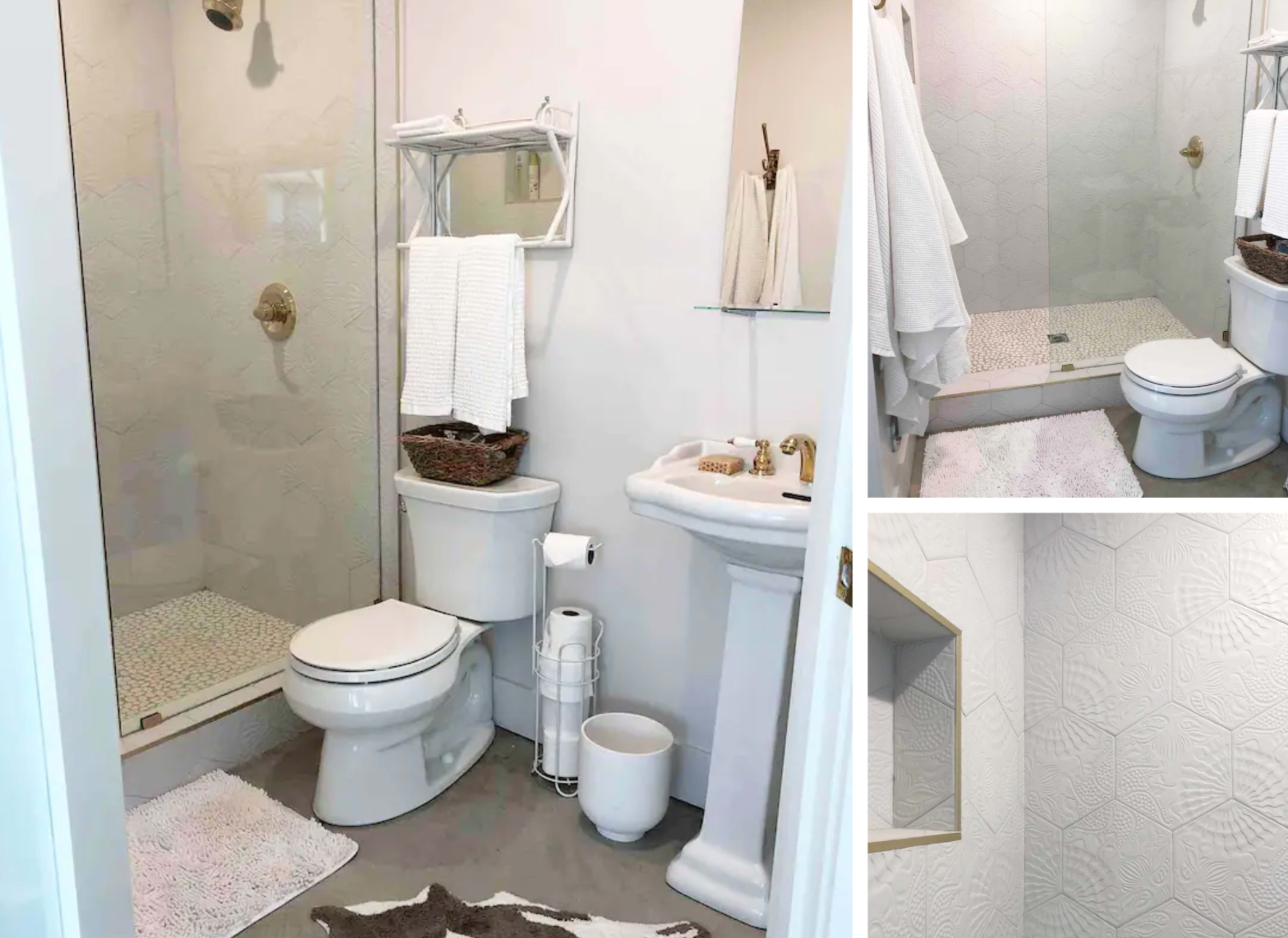 The image shows a small bathroom featuring a shower, a white toilet, a pedestal sink, and light-colored walls with geometric tile patterns.