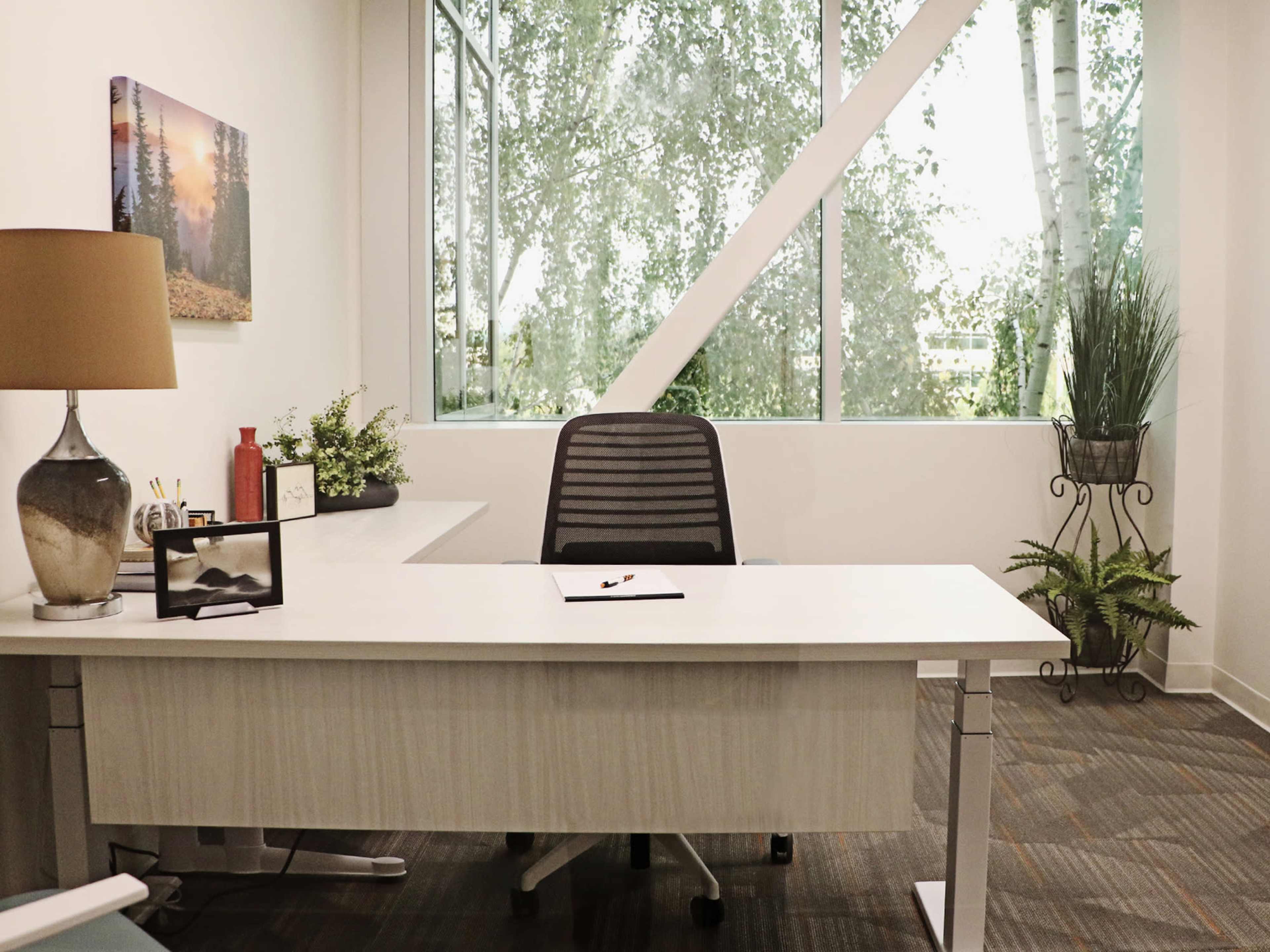 An office space with a white desk, a black ergonomic chair, a lamp, and a window showcasing greenery outside.