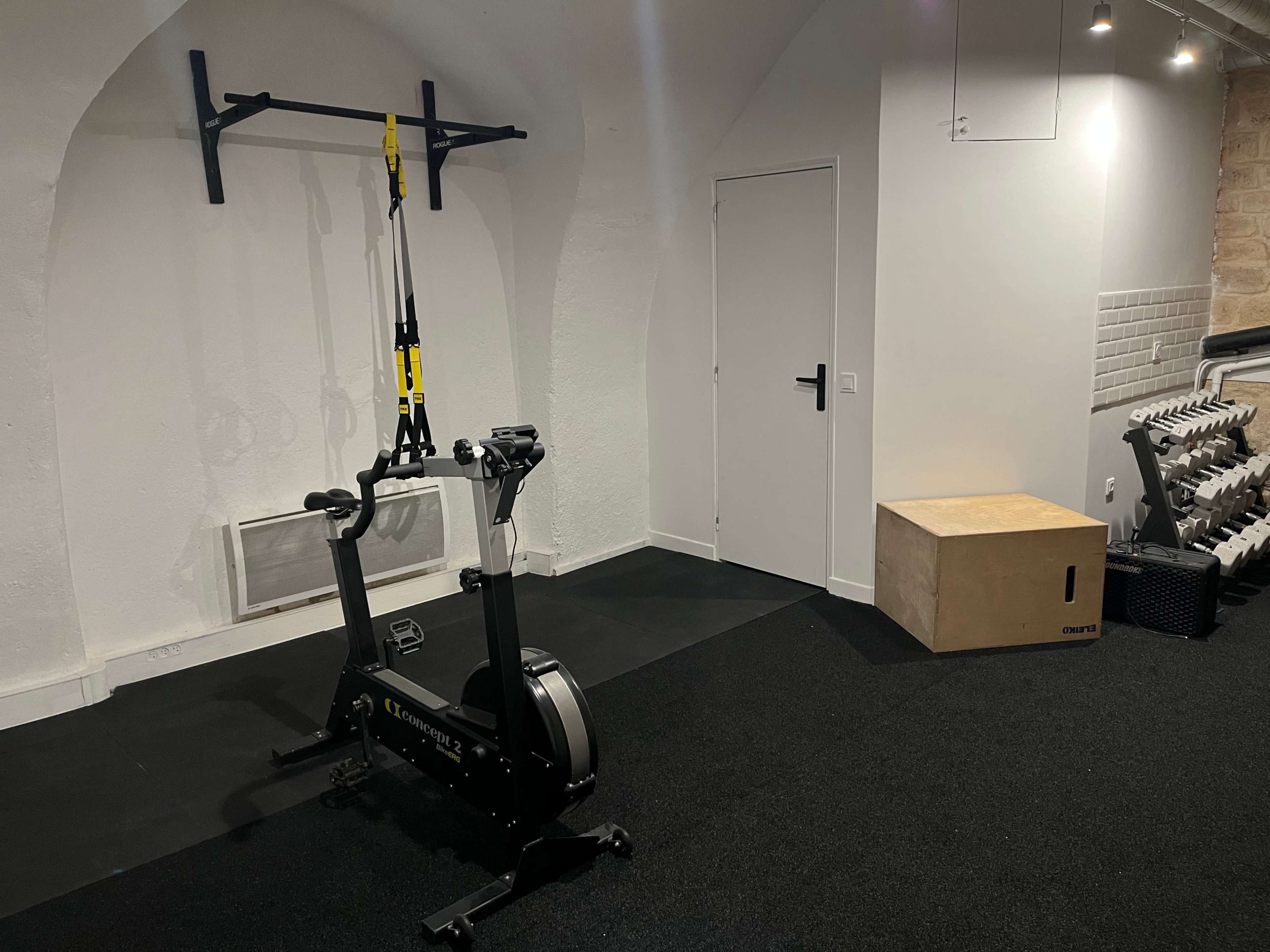 The image shows a fitness space featuring a rowing machine, a TRX suspension trainer mounted on the wall, a set of dumbbells, and a wooden plyometric box.