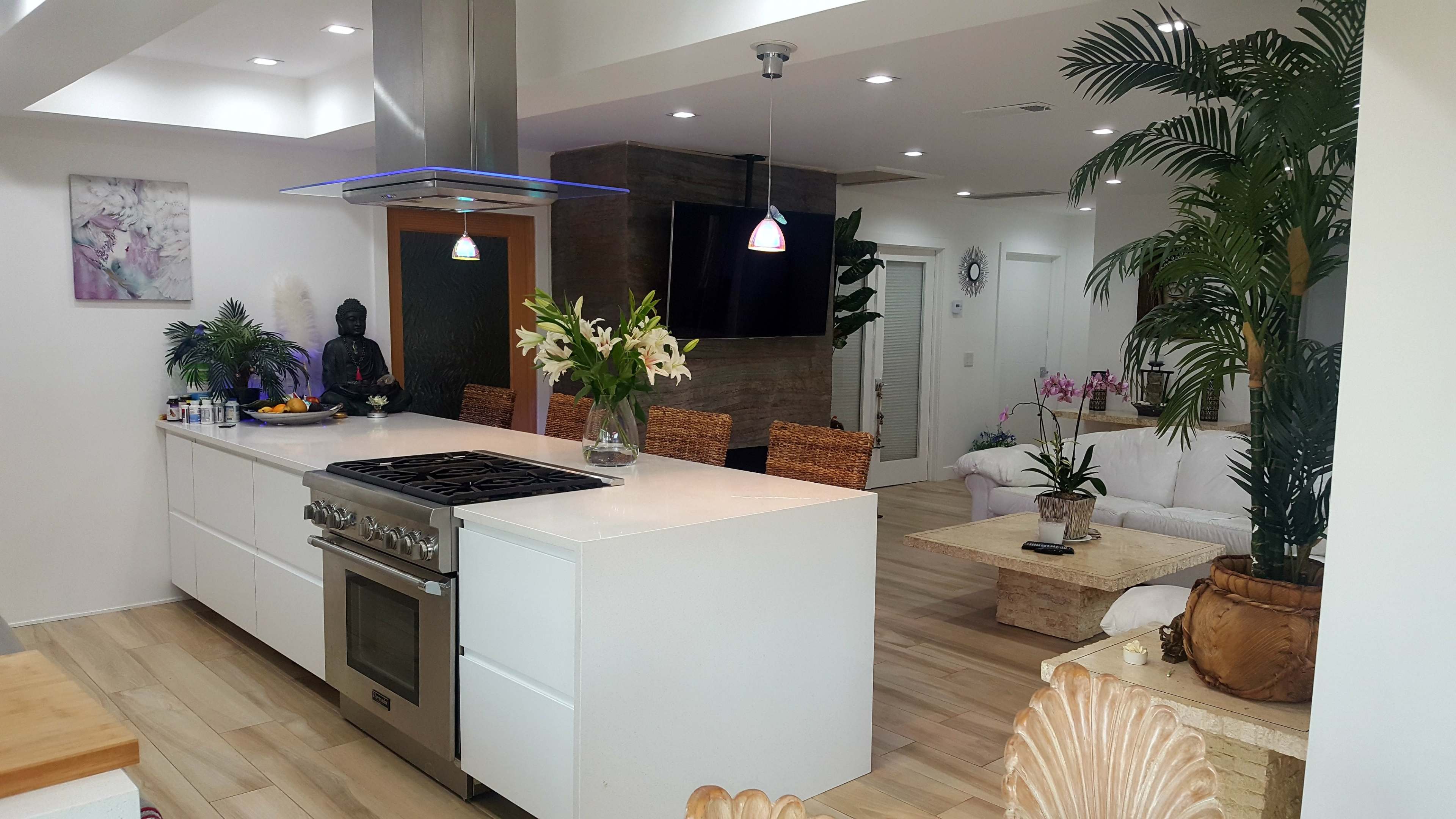 A modern kitchen with a large island, stainless steel appliances, and a dining area featuring wicker chairs and tropical plants.