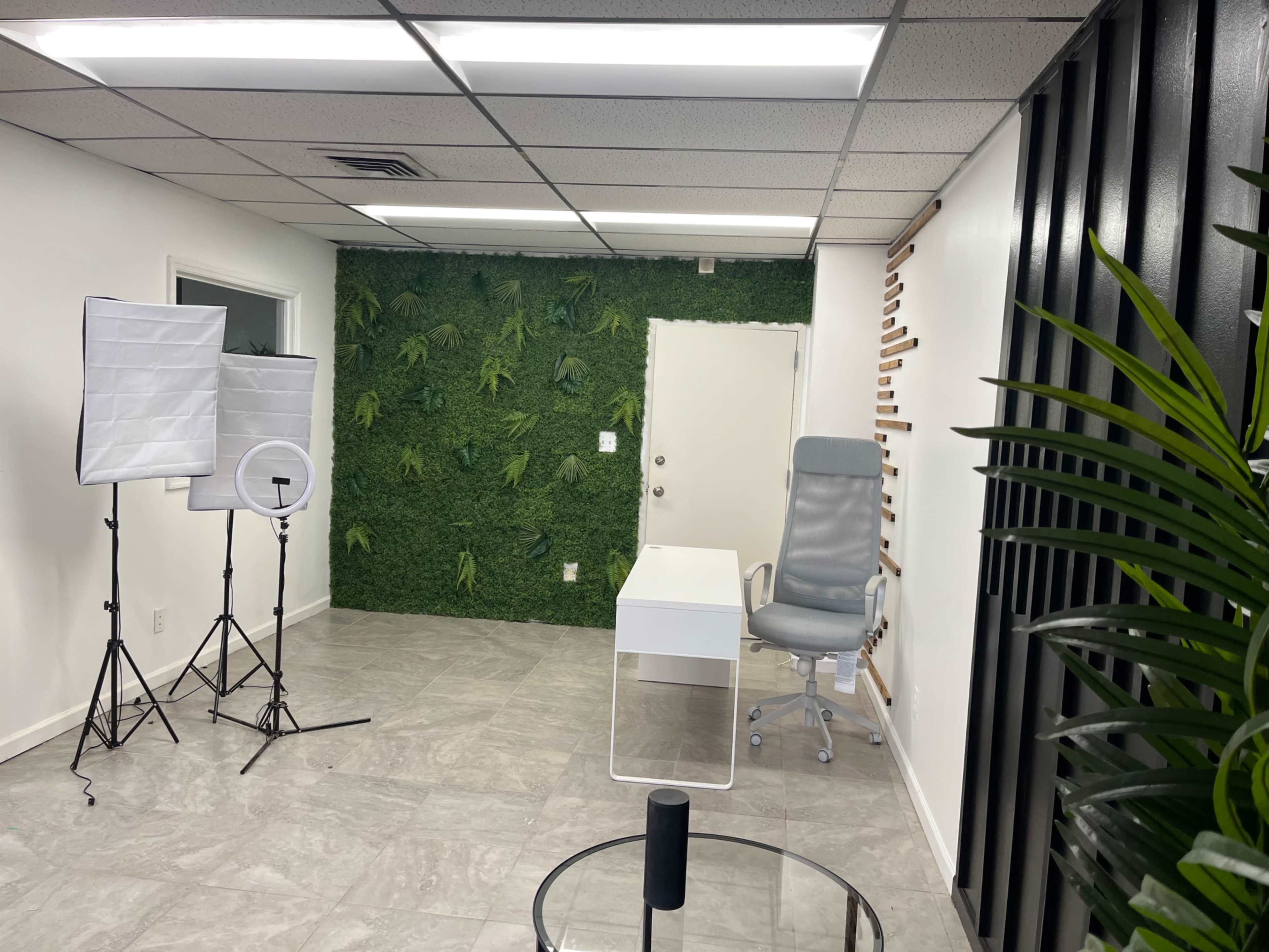 A modern office space featuring a desk, an ergonomic chair, and two lighting setups, with a green plant wall as the backdrop.