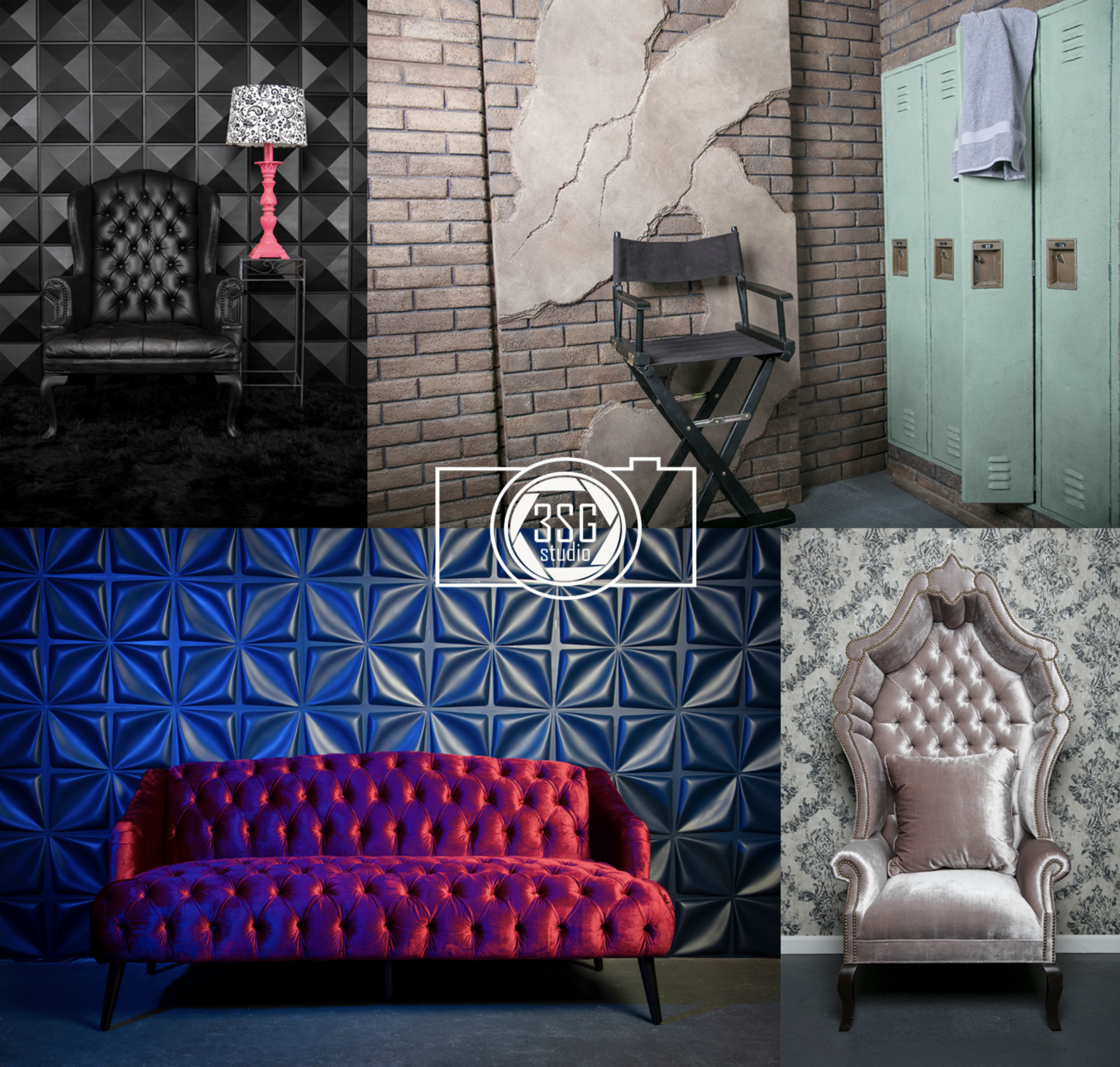 The image features a collage of various interior design elements, including a tufted armchair, a velvet couch, a director's chair, textured walls, and vintage lockers.