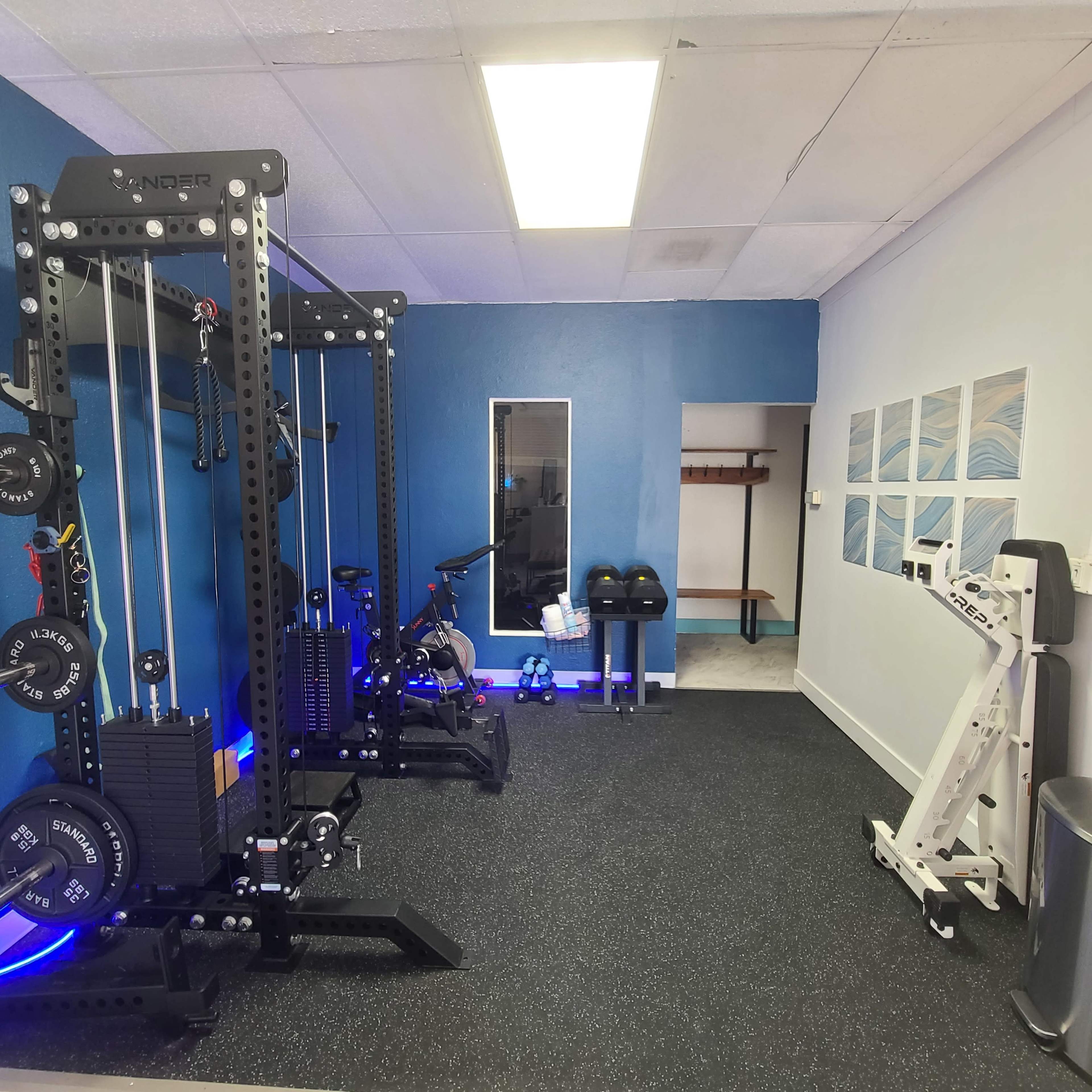 The image shows a modern gym interior featuring weightlifting equipment, a stationary bike, and a mirrored wall, with blue accents and rubber flooring.