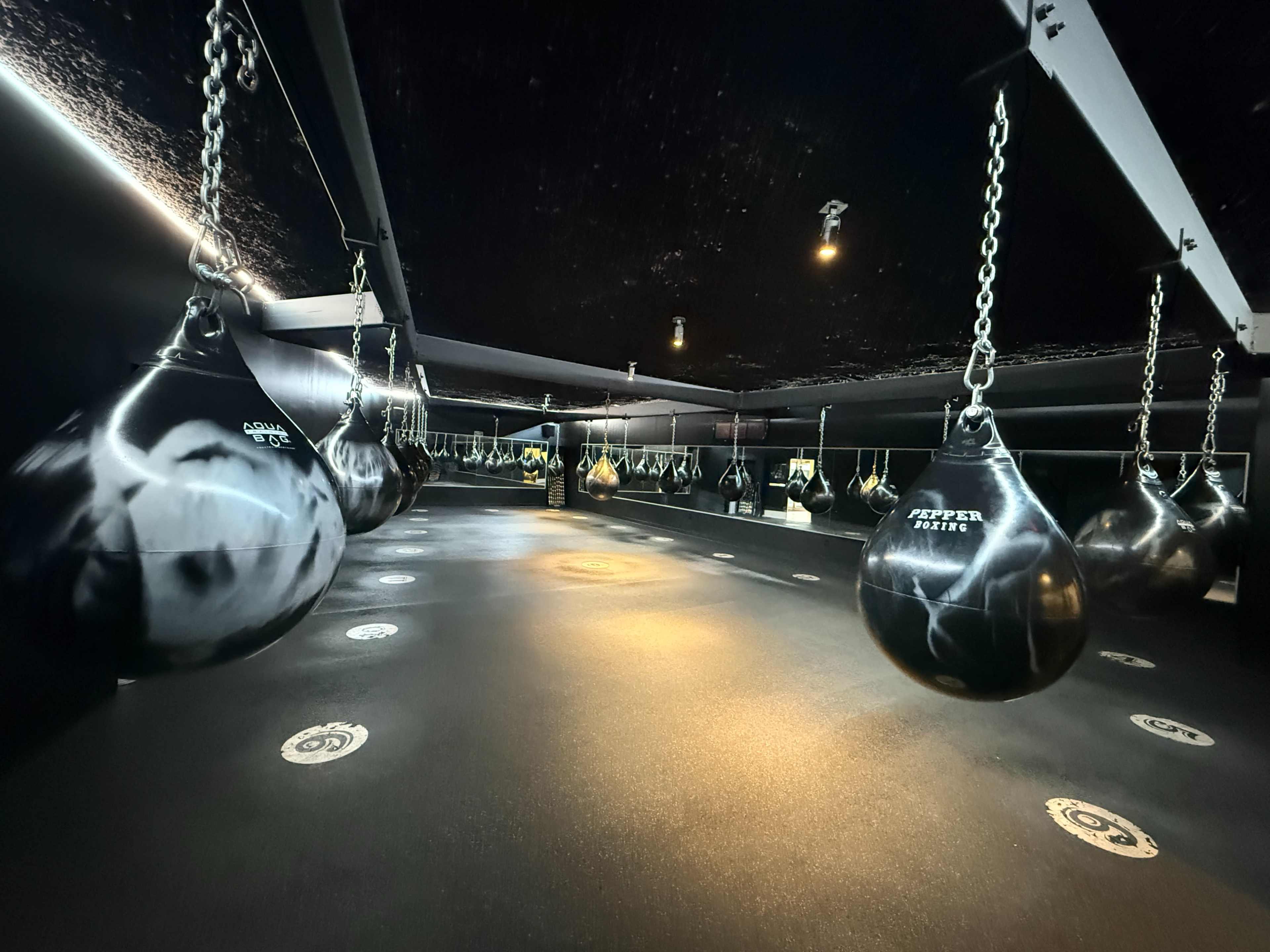 The image shows a dimly lit boxing gym featuring multiple hanging punching bags arranged in a row along a black floor.