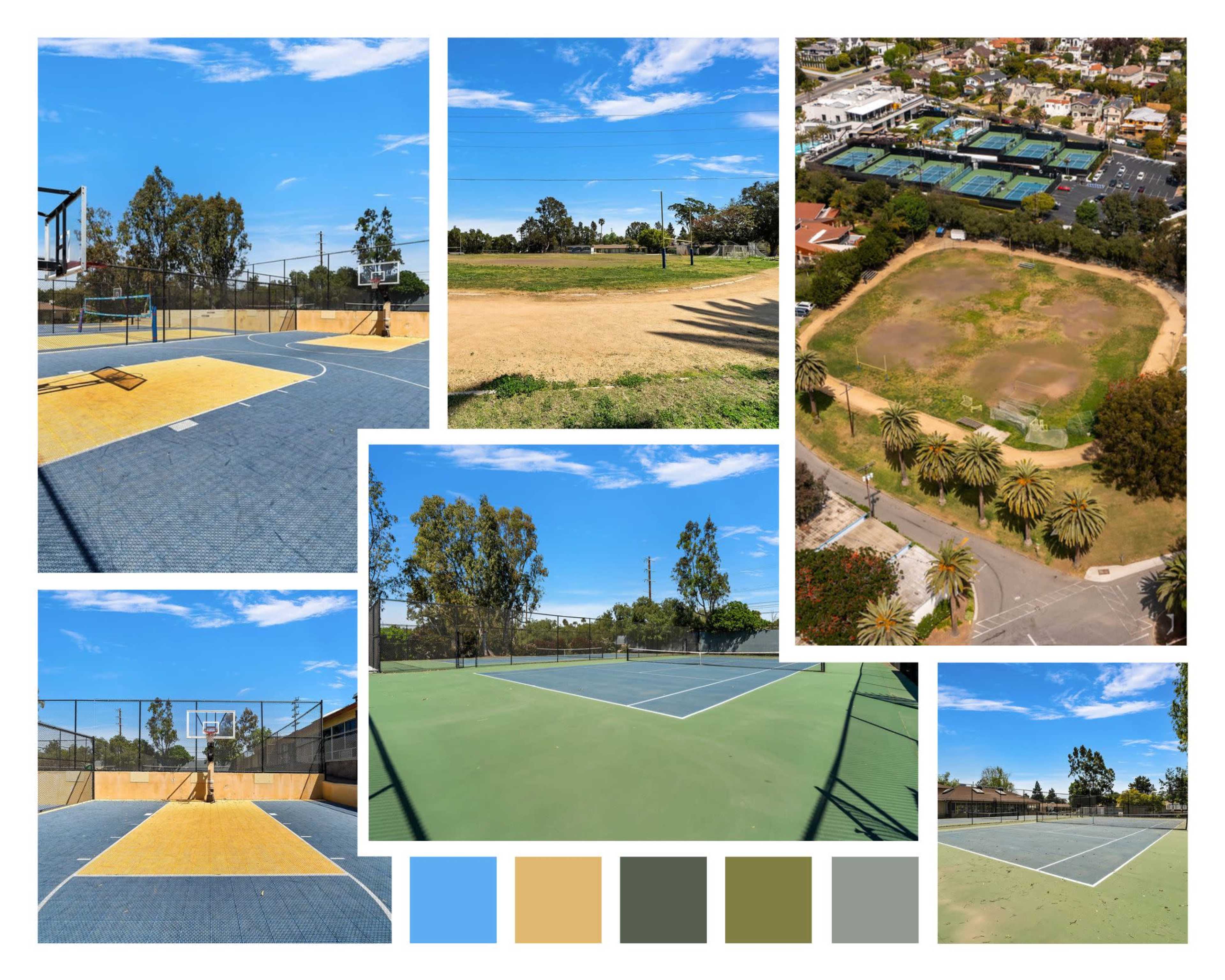 Various outdoor sports courts, including basketball and tennis, set in a green park with clear blue skies and surrounding trees.