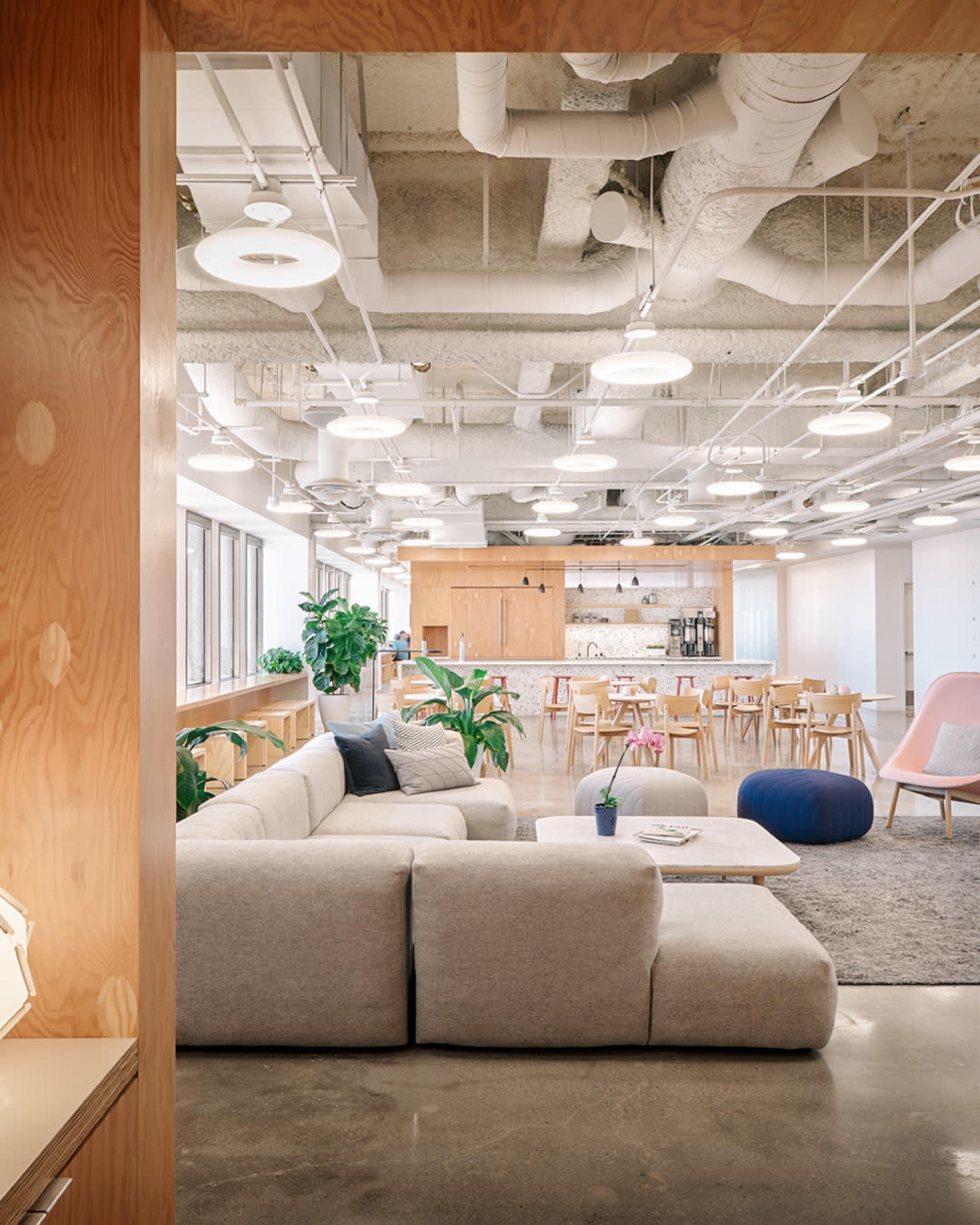 A modern open office space with a lounge area featuring a beige sectional sofa, plants, and a kitchenette in the background with wooden cabinets and dining tables.