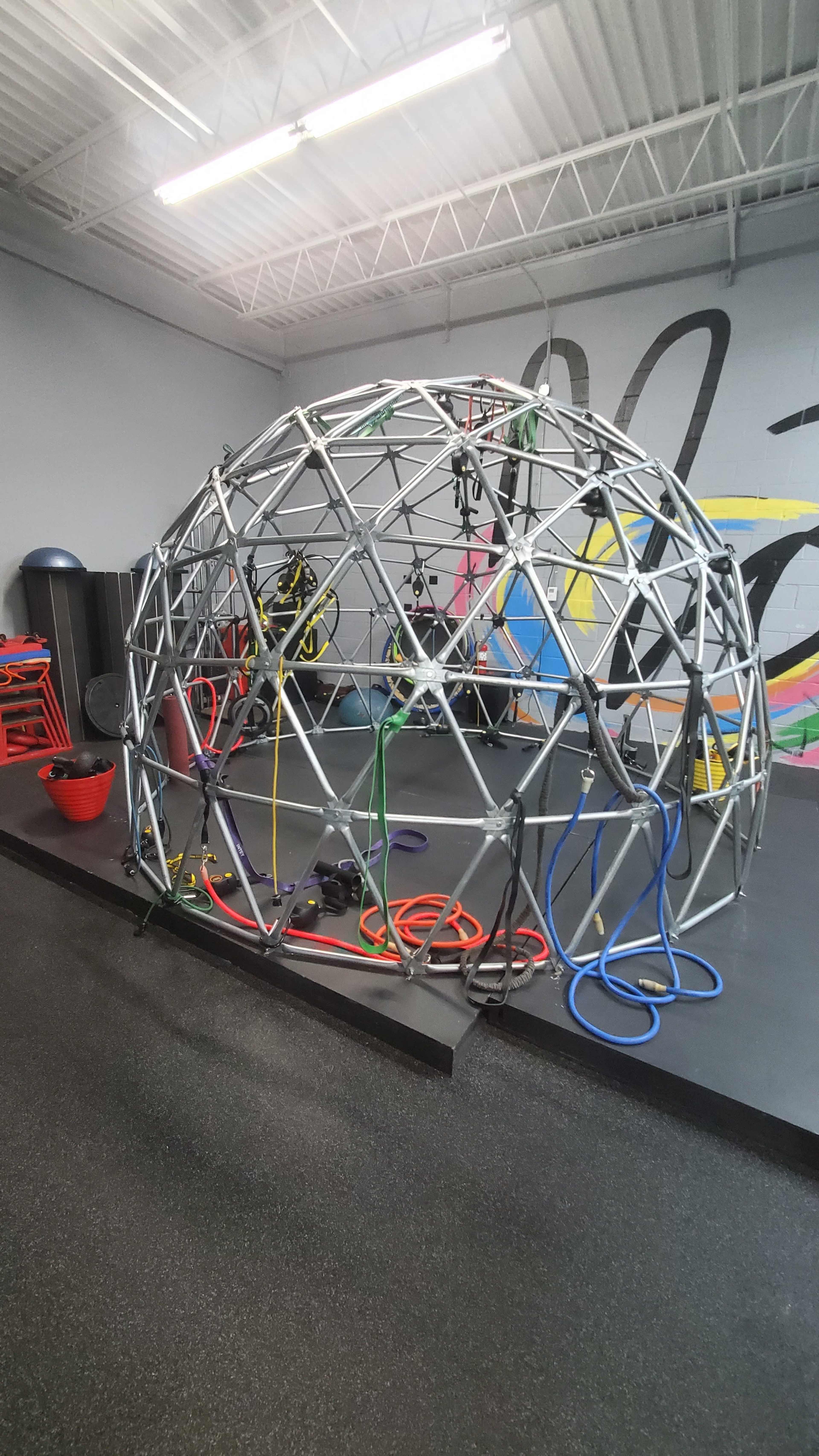The image shows a metallic geodesic dome structure surrounded by various fitness equipment in a gym setting.
