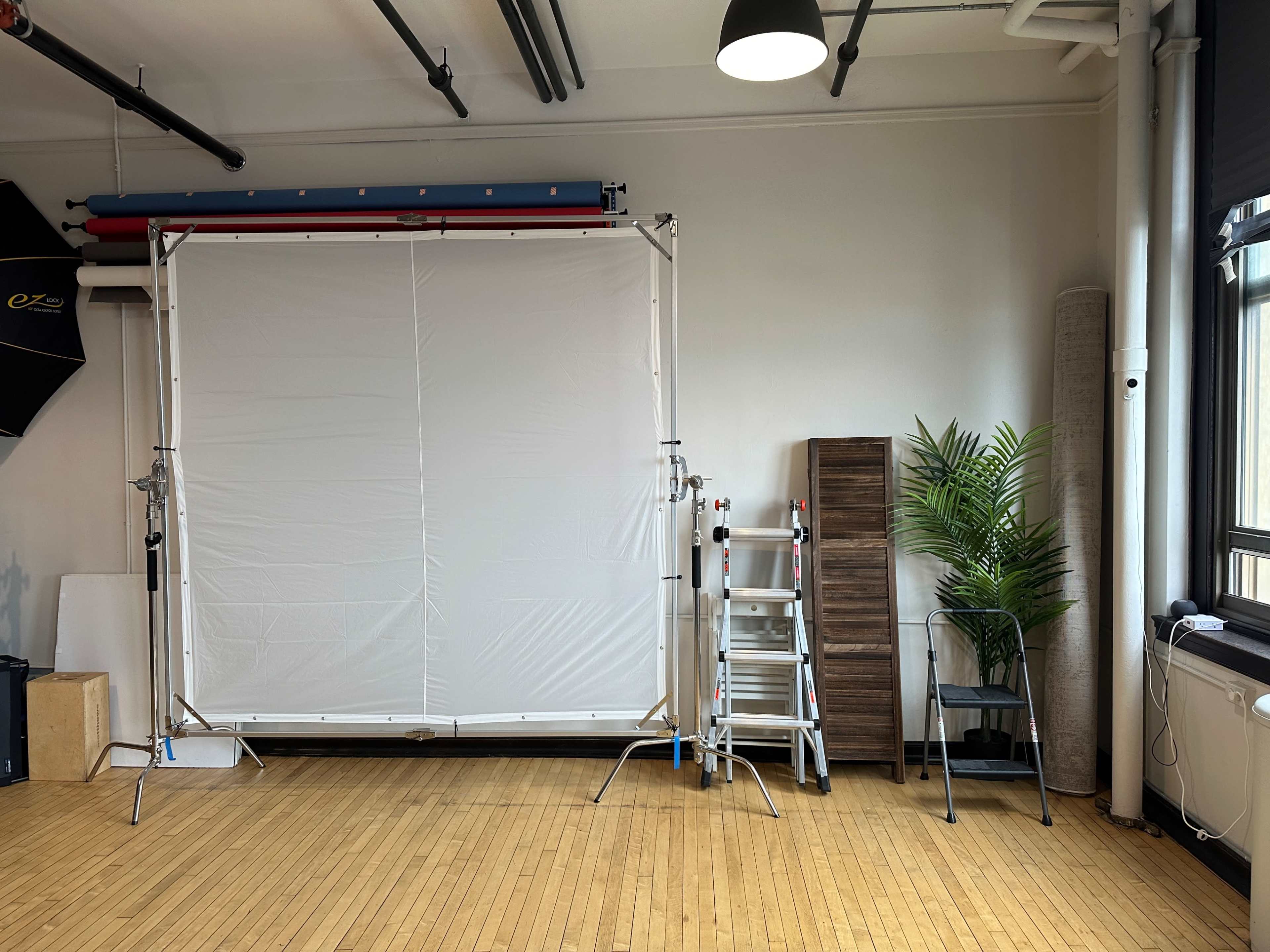 A studio setup with a white backdrop on a frame, a ladder, a wooden cabinet, and a plant placed near the window.