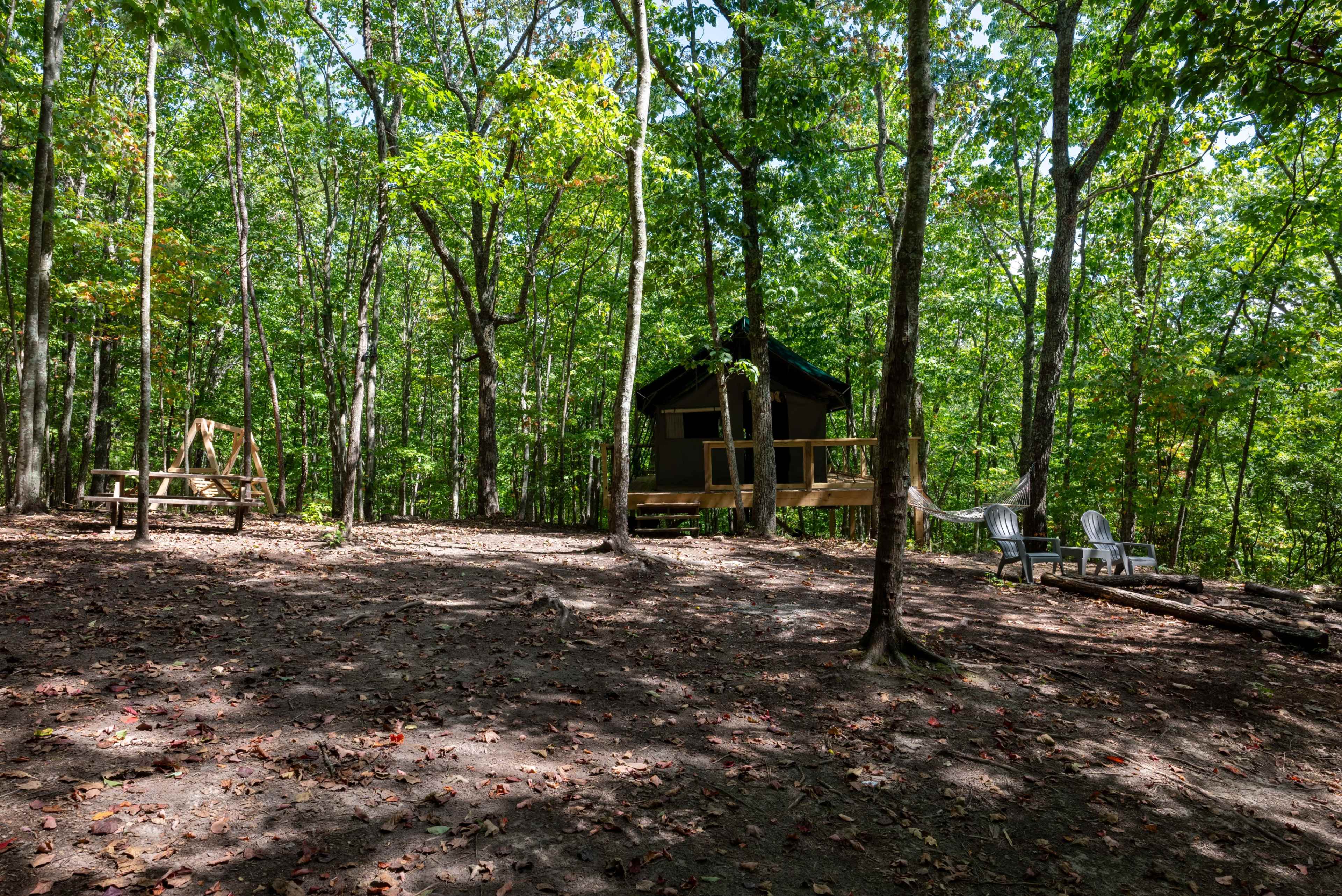 A wooden cabin in a forest clearing surrounded by trees and a few outdoor seating areas.