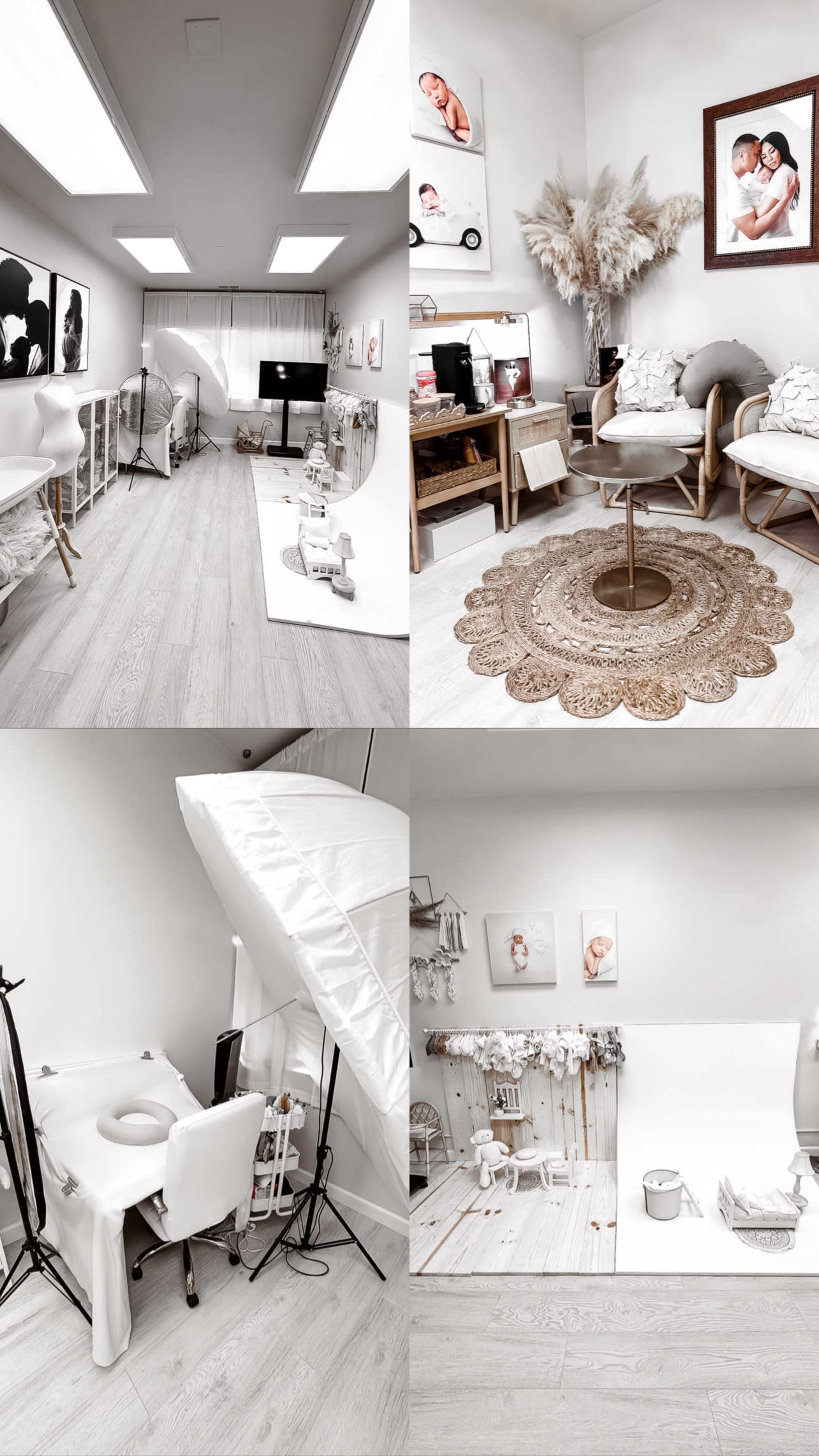 The image showcases a well-organized photography studio featuring multiple sets with neutral backgrounds, decorative elements, and various photography equipment.