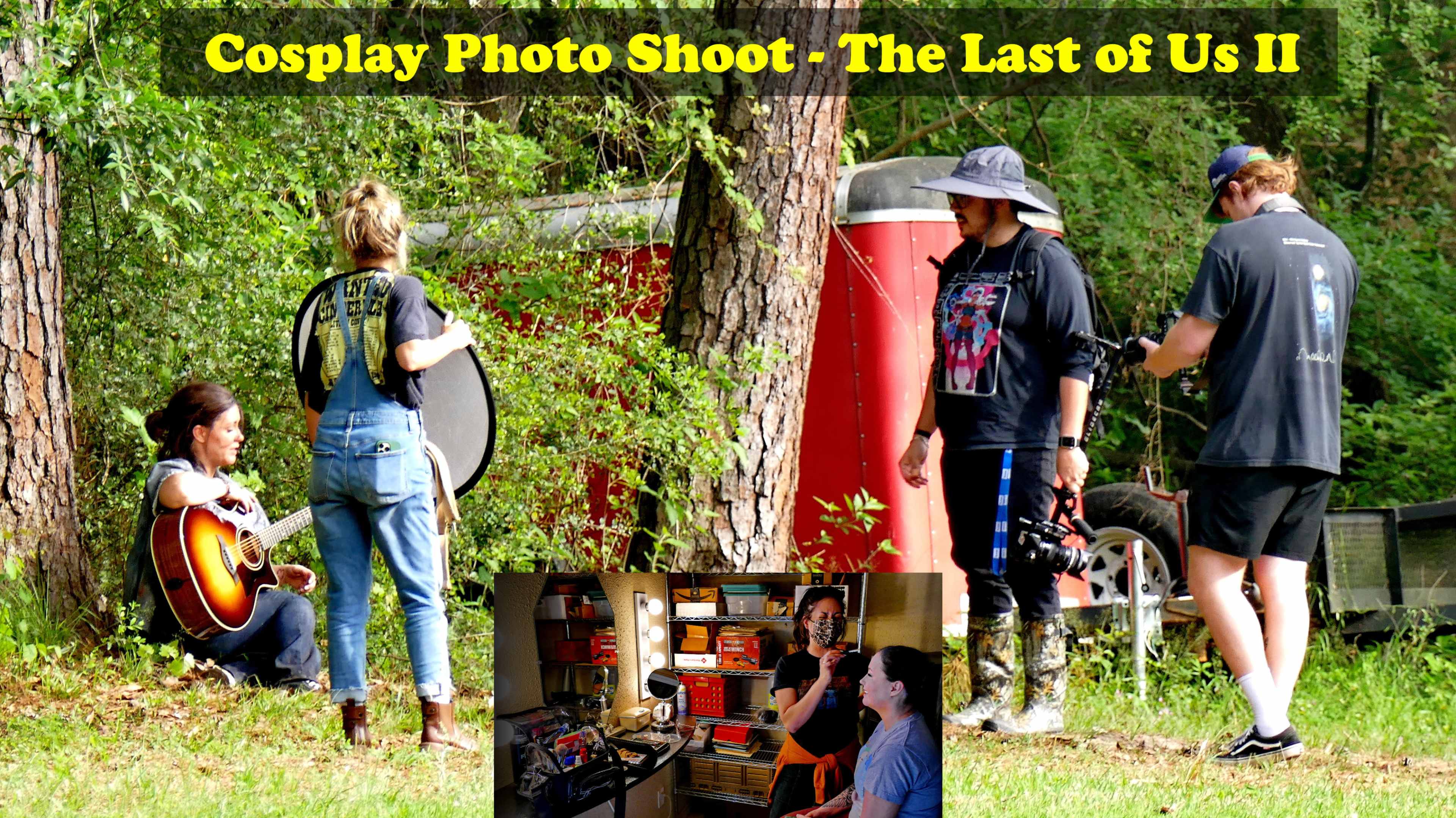 A group of cosplayers conducts a photo shoot in a wooded area, with one person playing a guitar while others adjust equipment and pose.