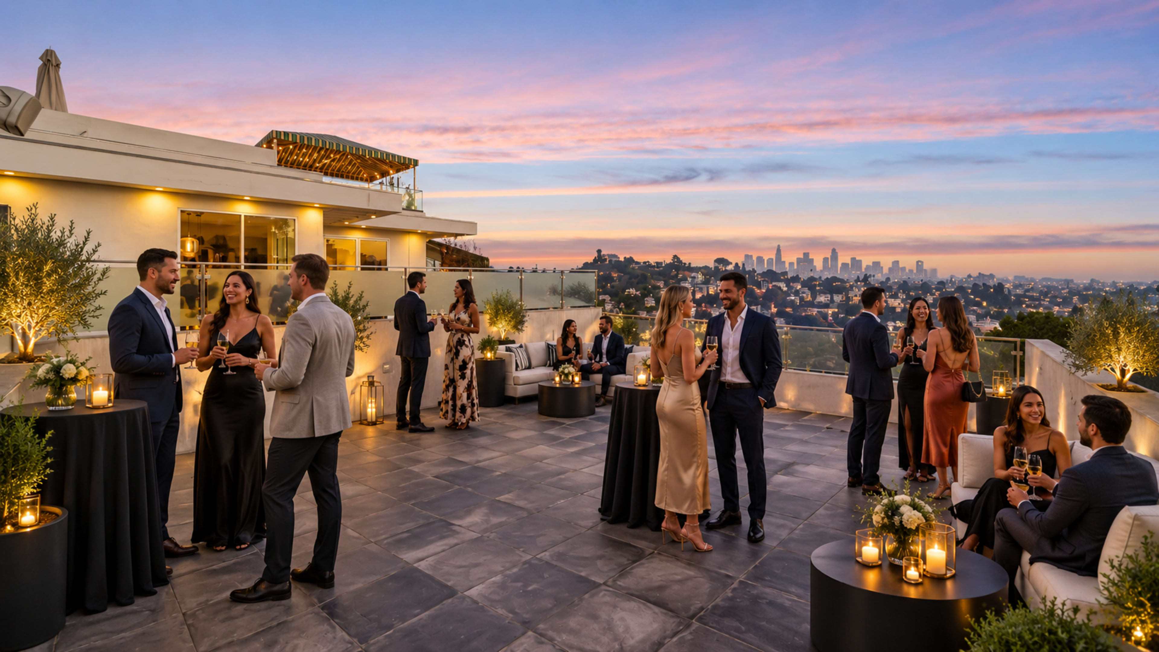 A rooftop terrace party features elegantly dressed guests mingling around cocktail tables with a city skyline backdrop at sunset.