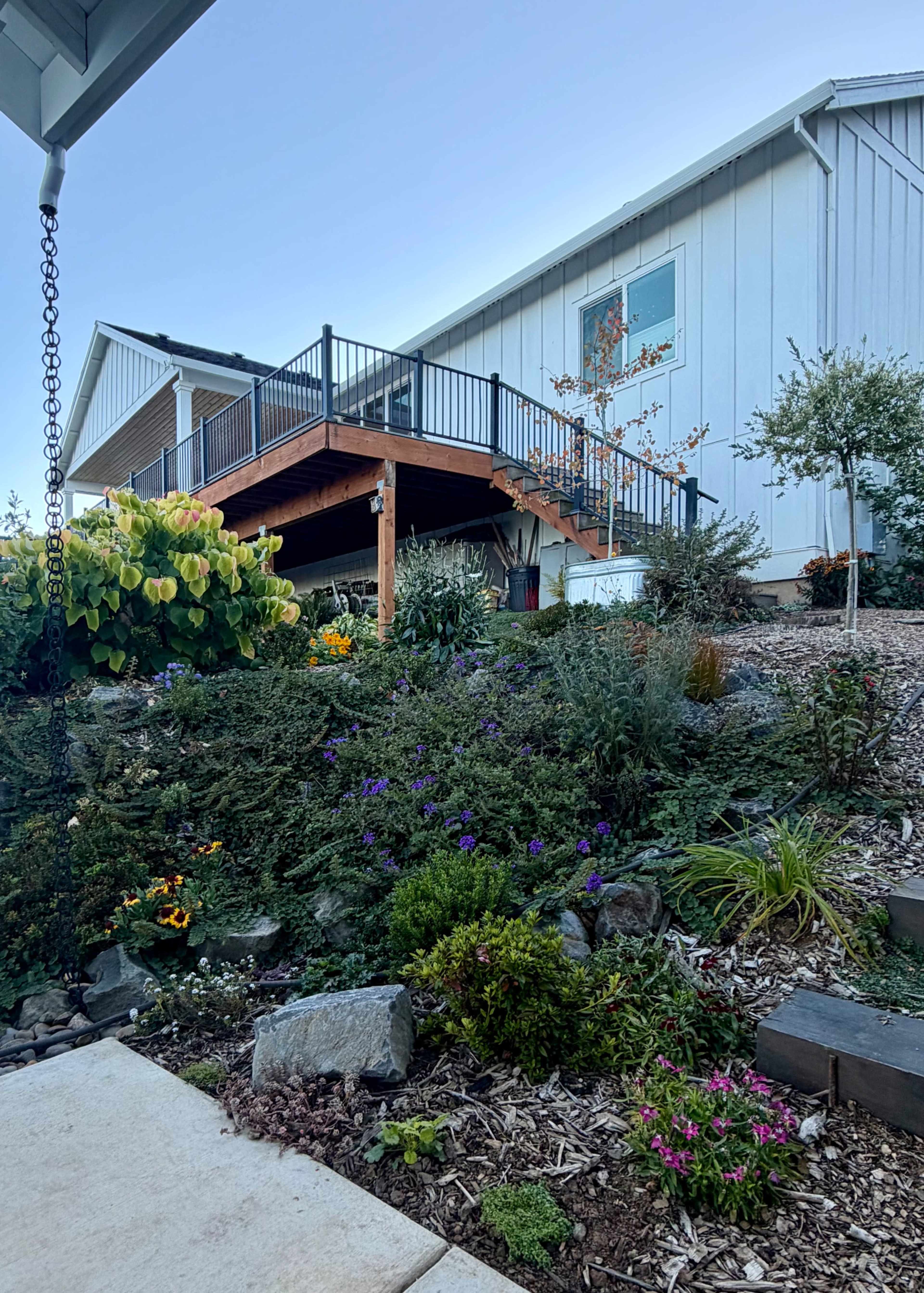 A wooden deck with black railings is situated at the back of a house, surrounded by a landscaped garden featuring various plants and flowers.