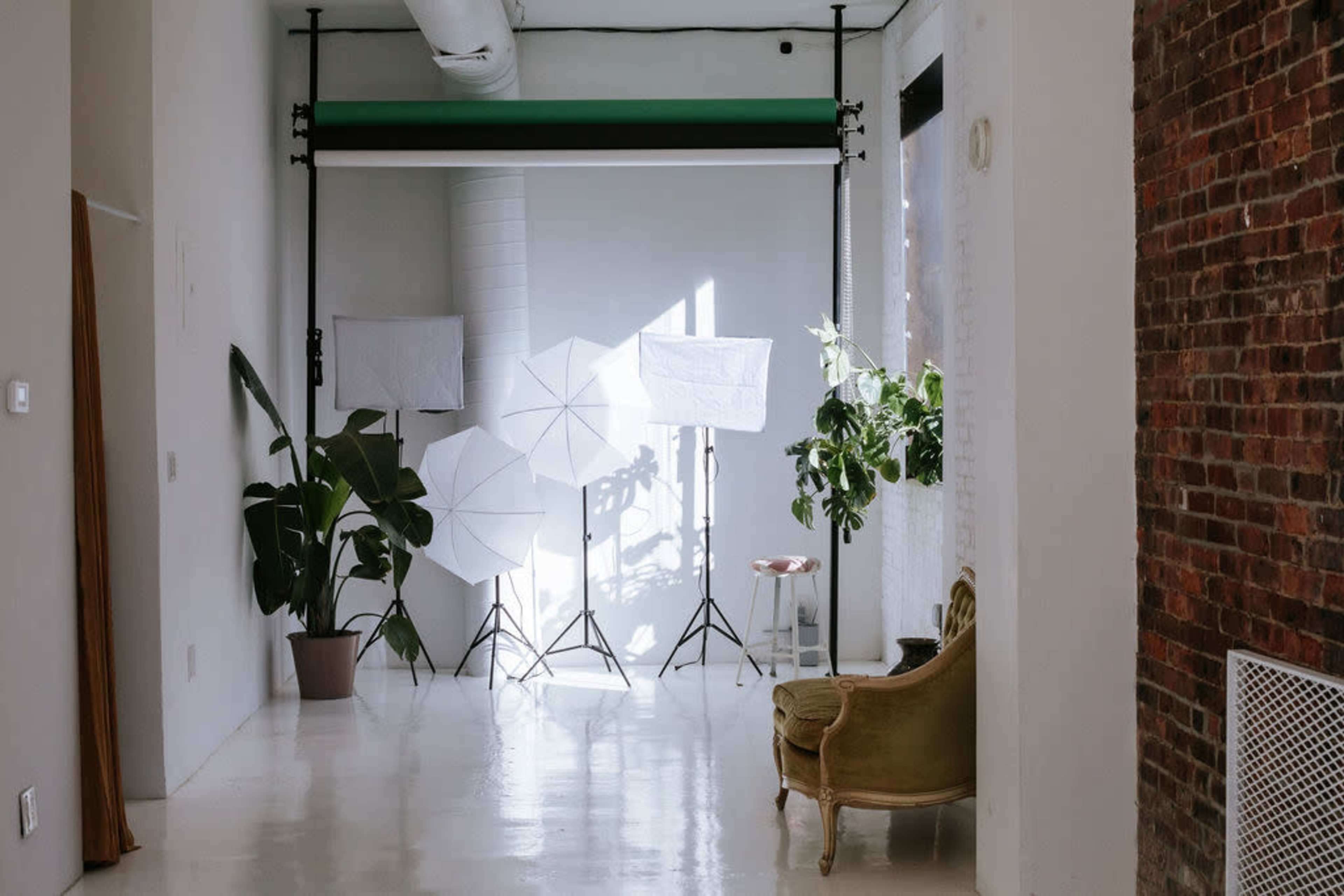 The image shows a bright photo studio with white walls, large softbox lights on stands, potted plants, and a vintage chair in the corner.
