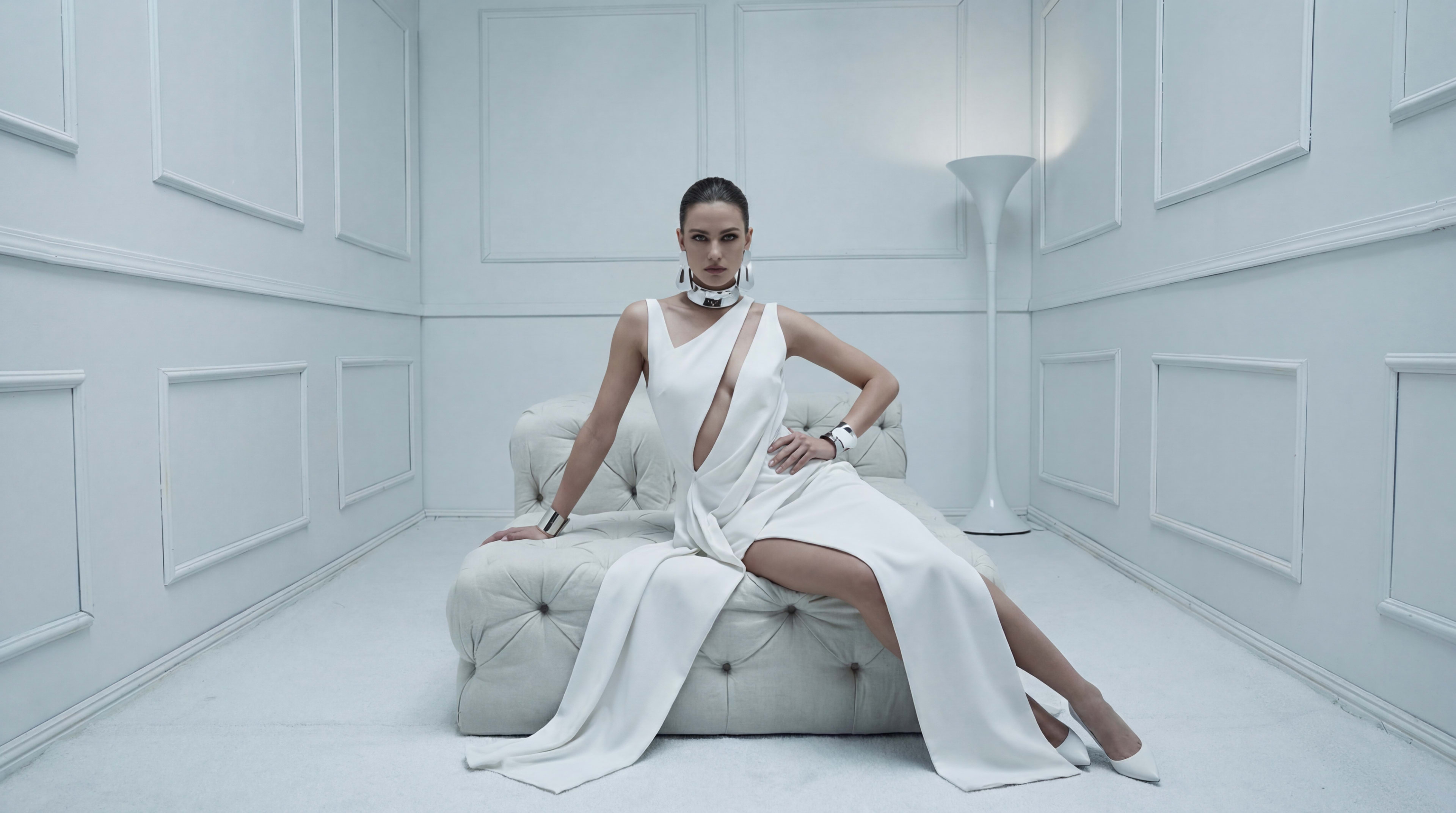 A woman in a white dress sits on a white couch in a minimalist, well-lit room.