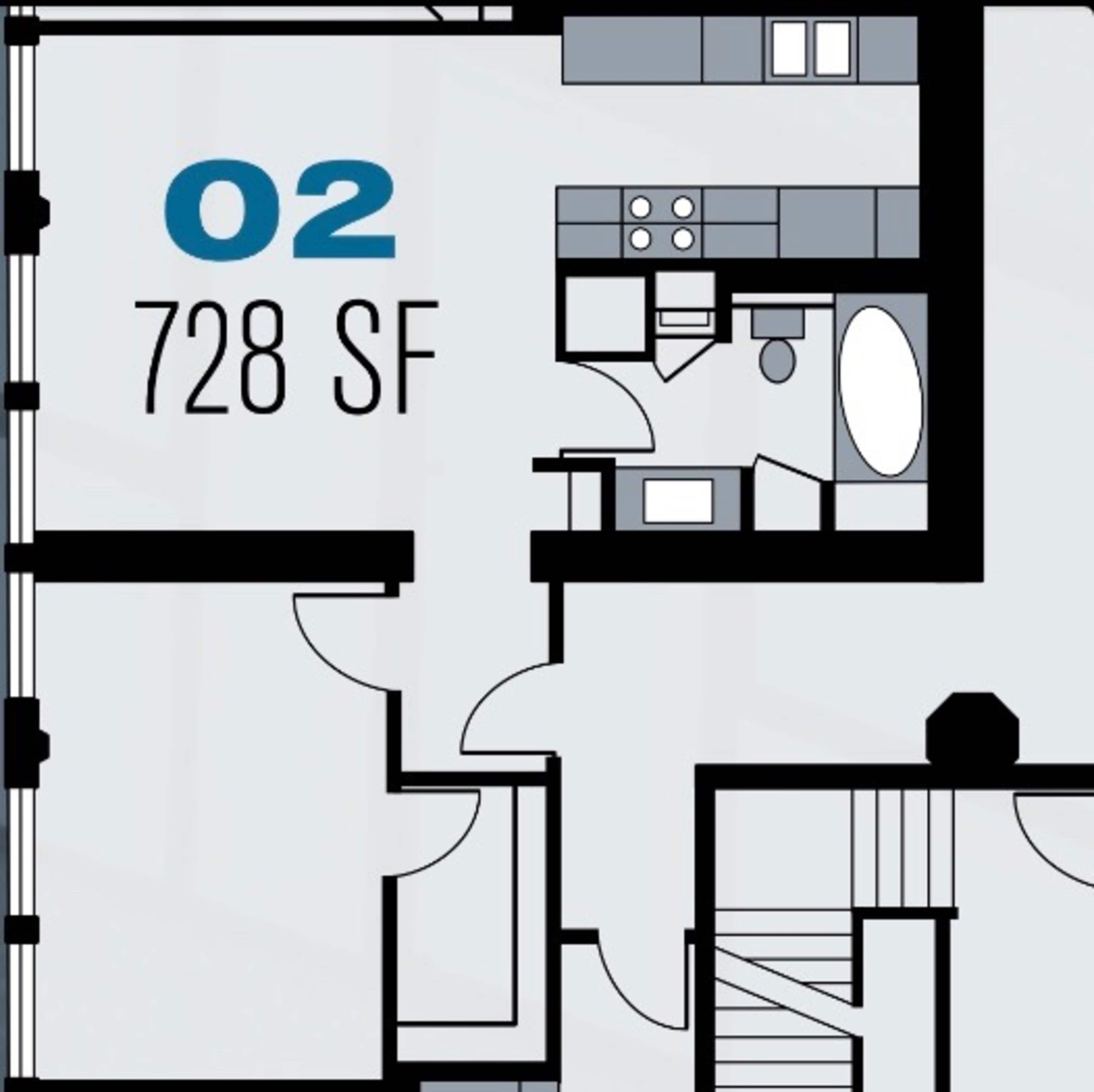 The image shows a floor plan labeled "02" with a total area of 728 square feet, featuring a kitchen, bathroom, and living space.