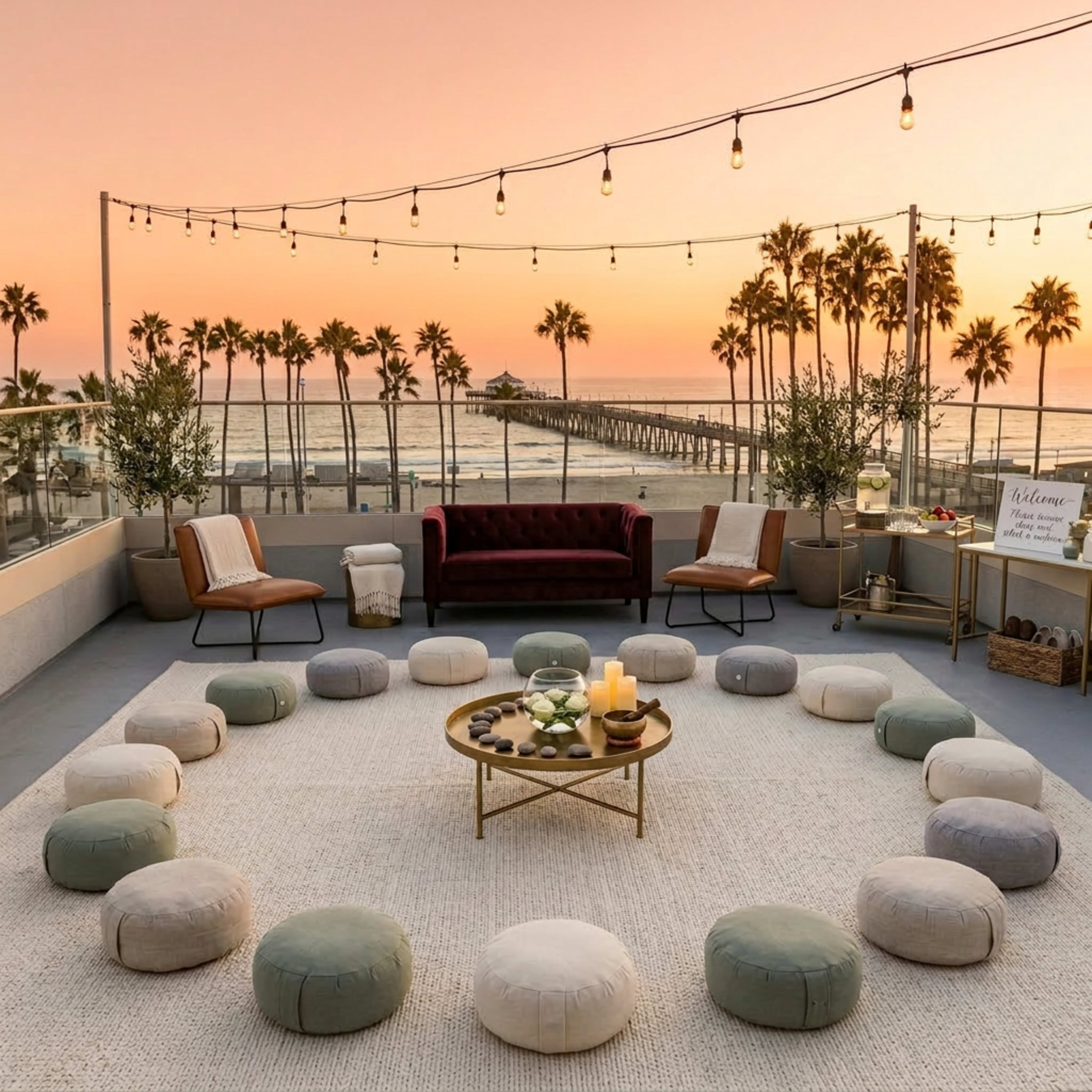 The scene features a coastal patio with a circular arrangement of cushions, a low table, and a view of a pier at sunset, surrounded by palm trees and string lights.