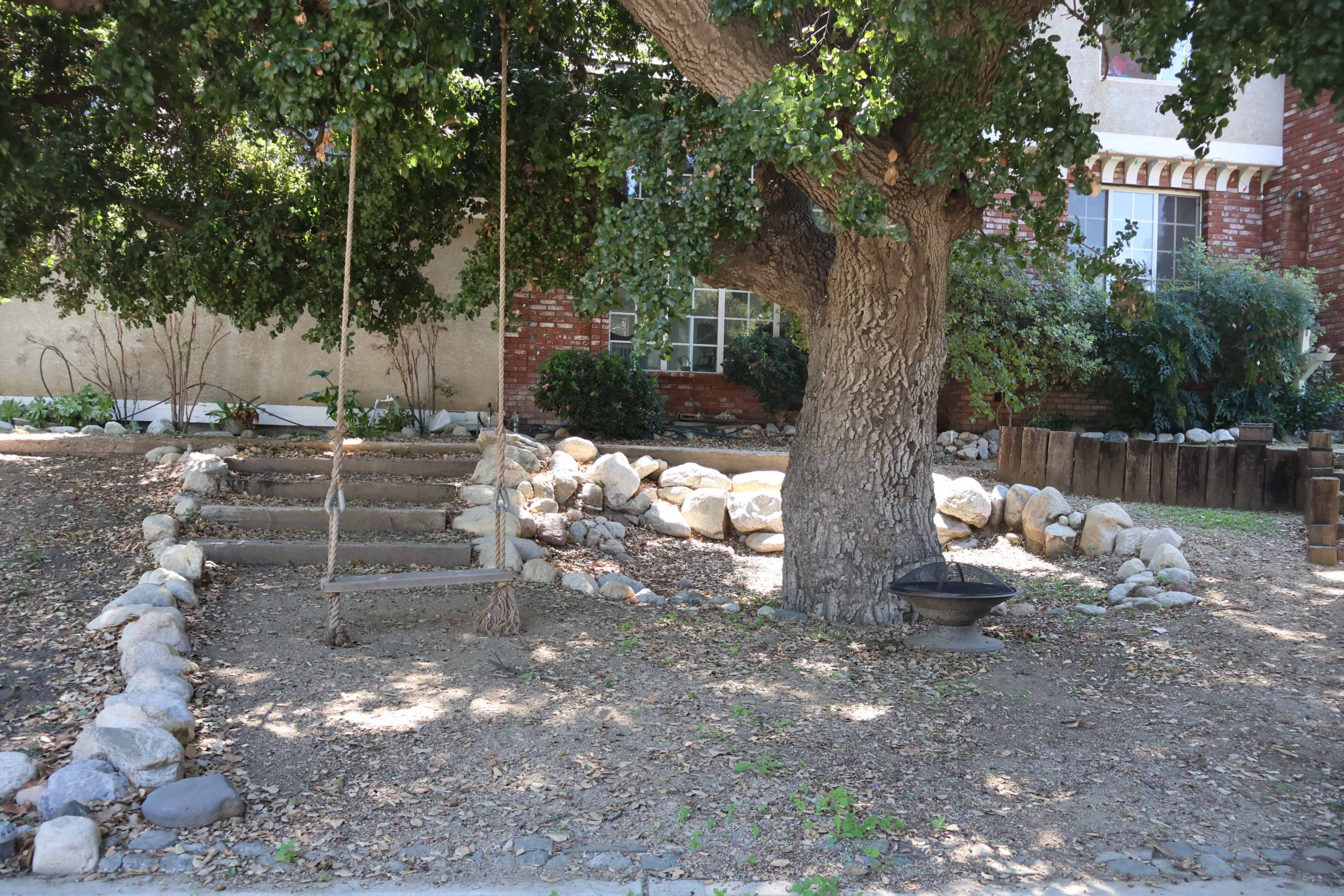 A large tree with a swing and a stone-bordered area is situated beside a set of concrete steps leading to a house.
