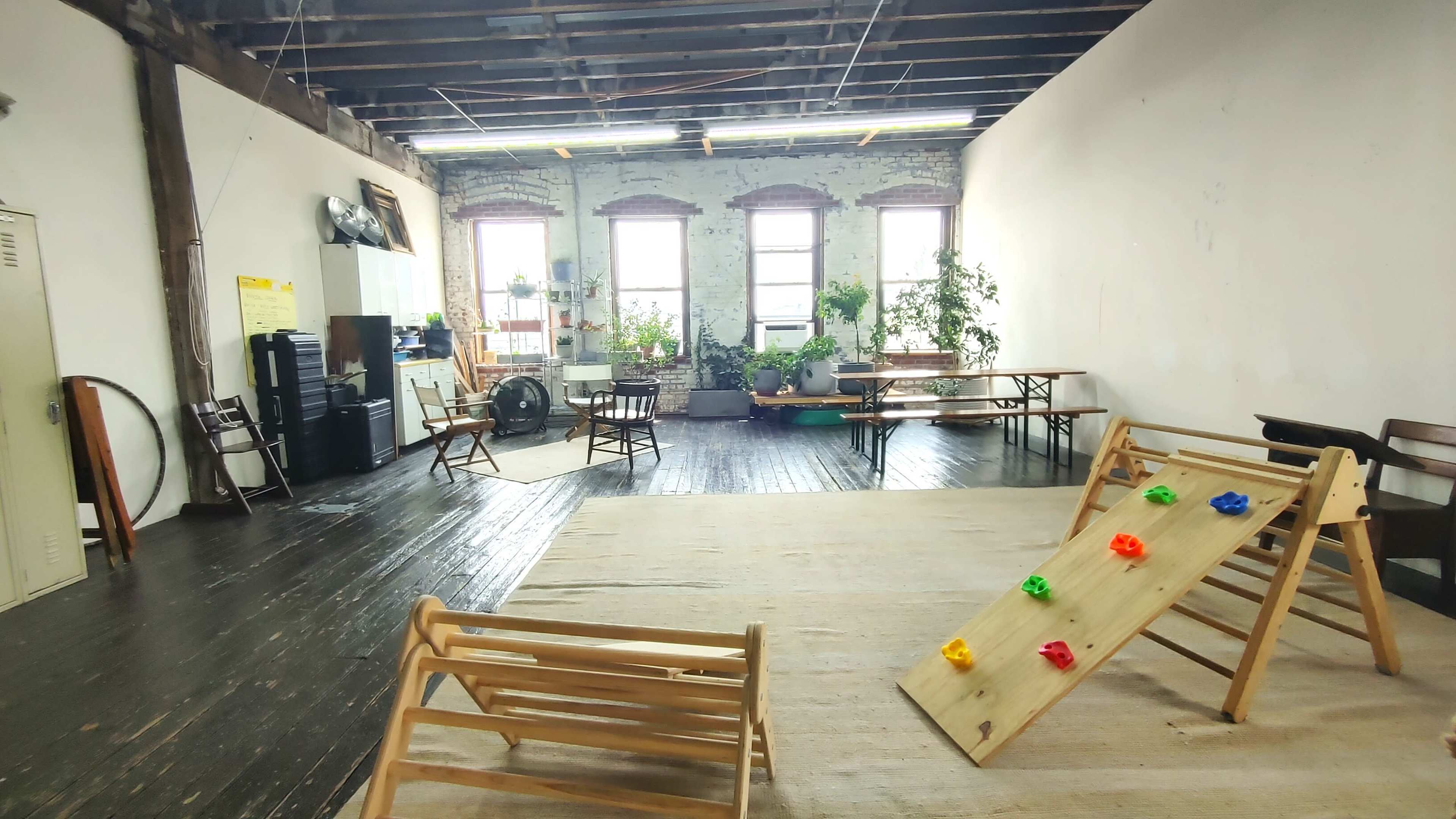 The image shows a spacious room with wooden floors, large windows, various plants, and a children's climbing structure on a light rug.