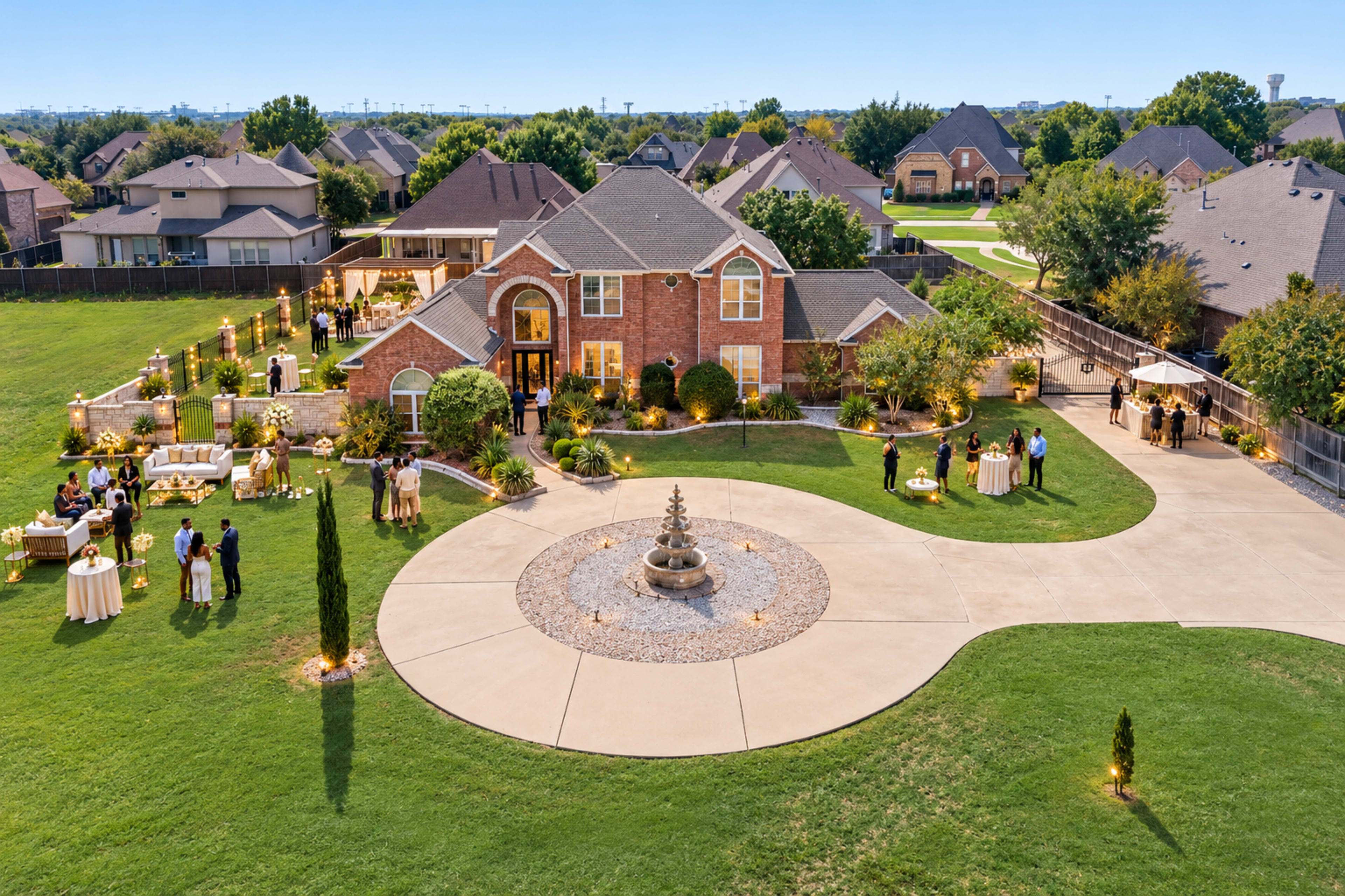 The image shows a large, upscale house surrounded by well-manicured lawns, tables set for a gathering, and a central fountain in a residential neighborhood.