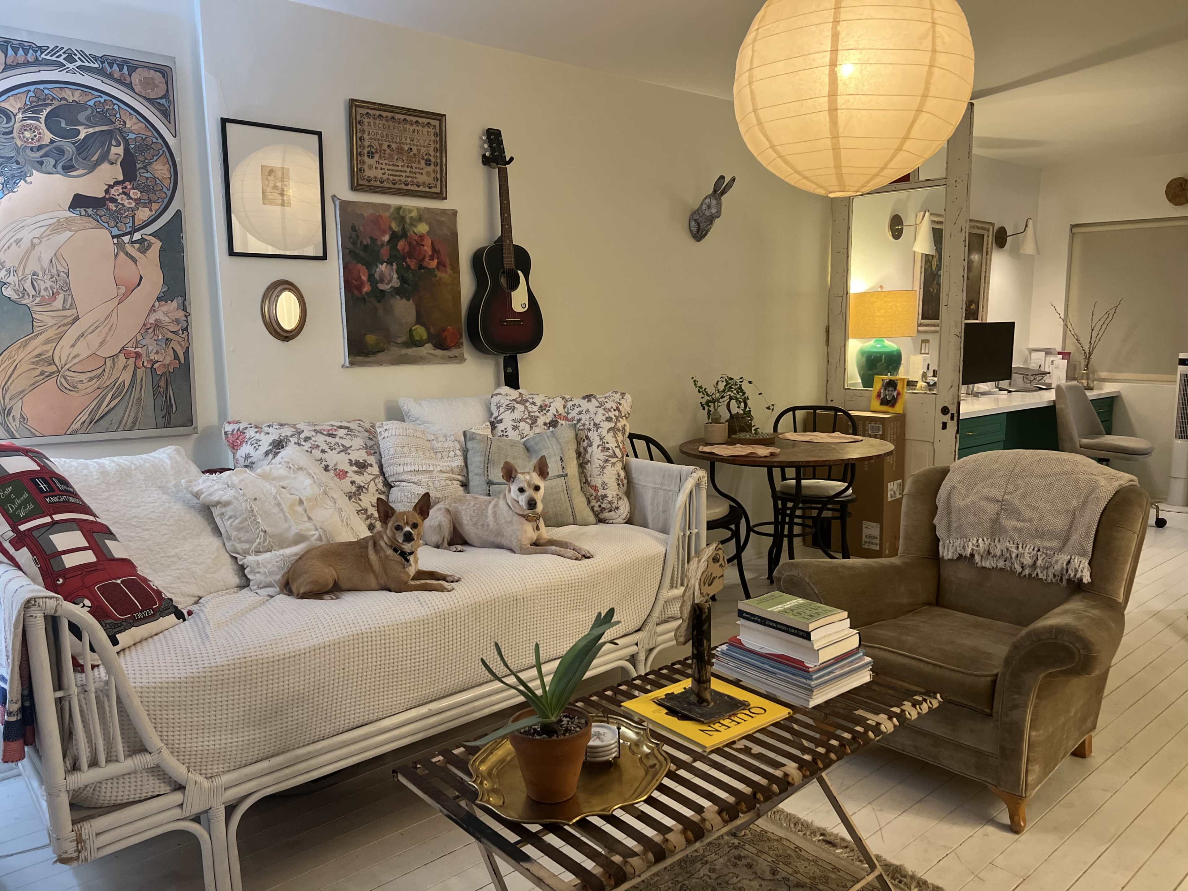 A cozy living room features a white couch with two dogs, a coffee table with books, and a hanging light, with a guitar and artwork on the walls.