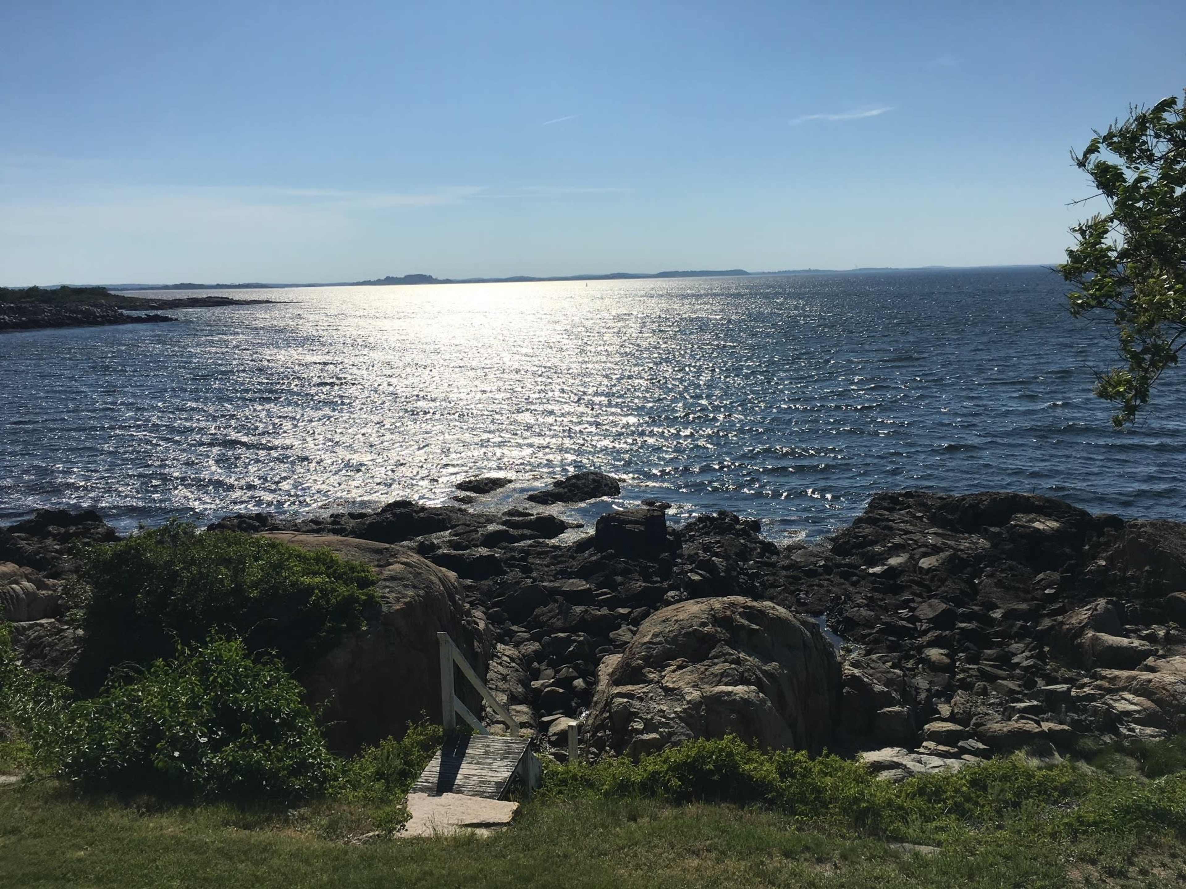 A rocky shoreline with calm water reflecting sunlight under a clear blue sky.