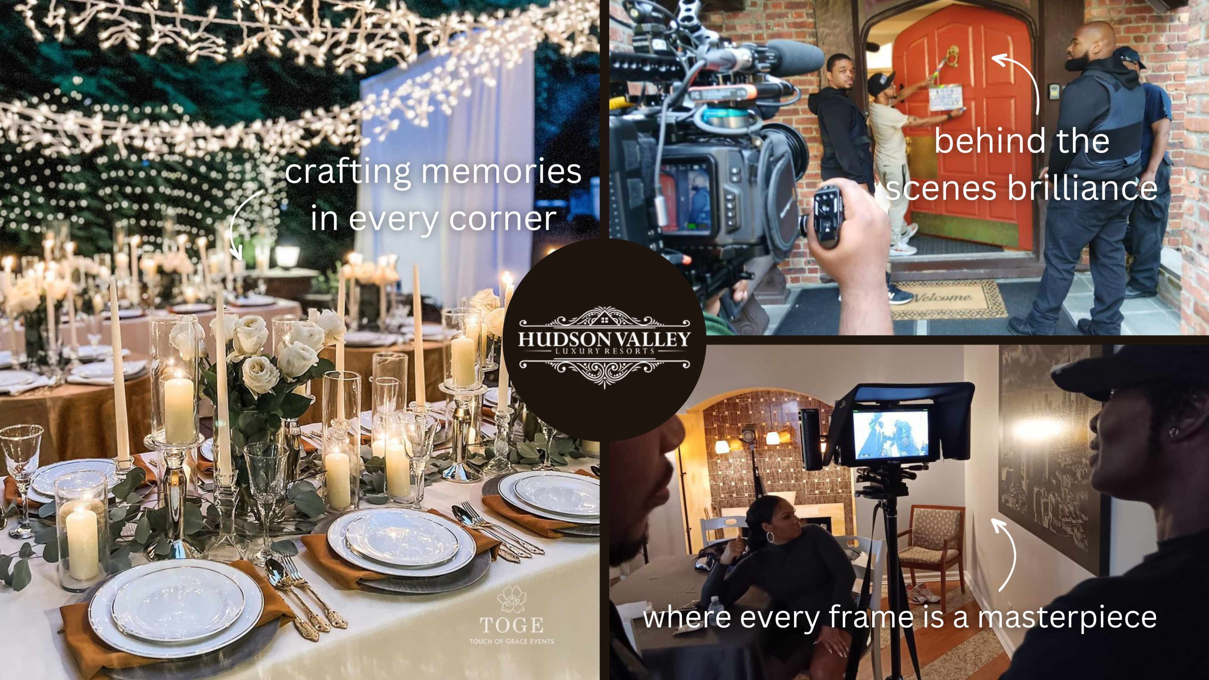 Showcases a beautifully decorated event space with string lights, behind-the-scenes filming, and a crew working on set at Hudson Valley.