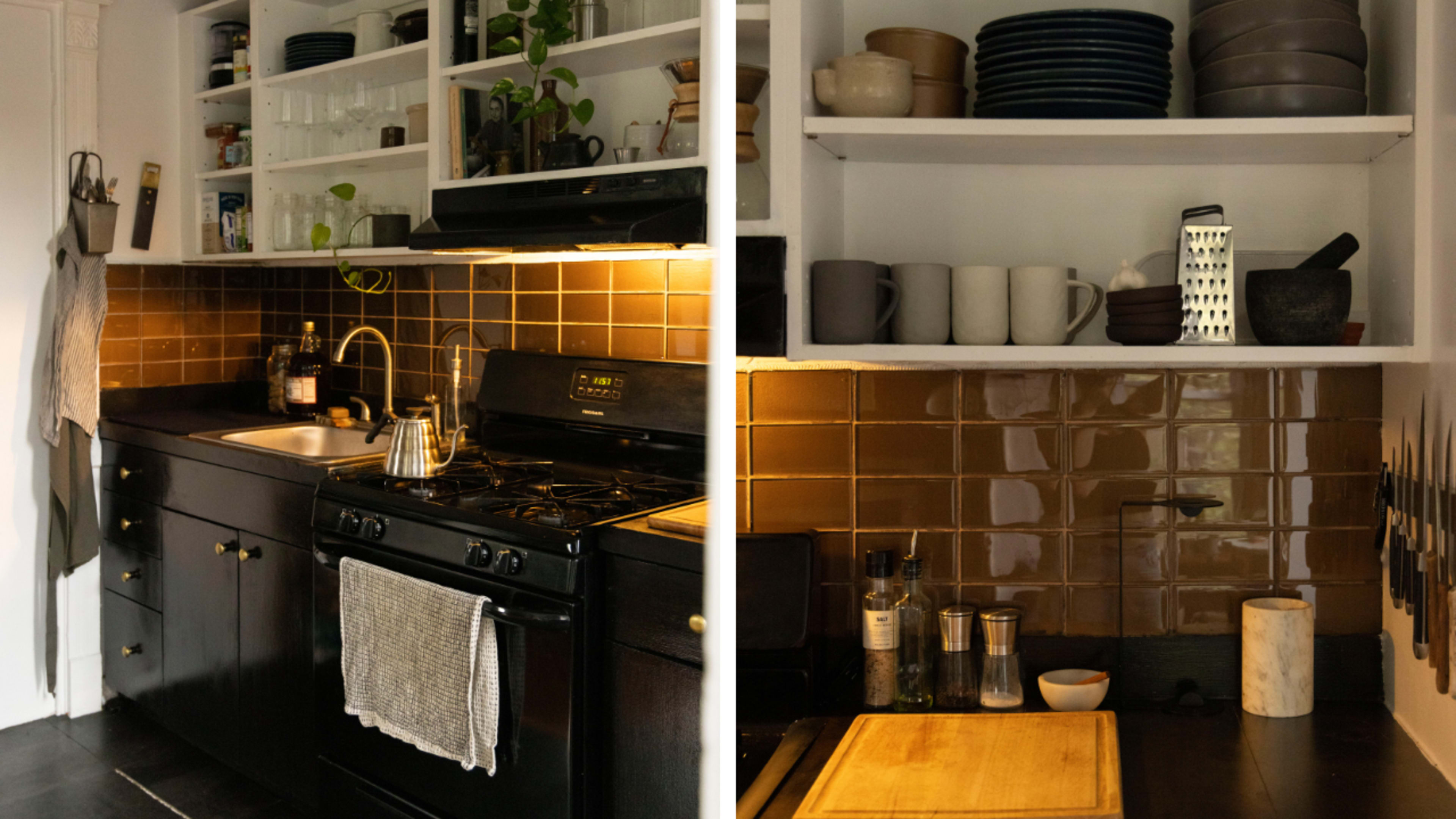 The image shows a kitchen with dark cabinetry, a stove, and open shelves displaying a collection of dishes and kitchen tools.